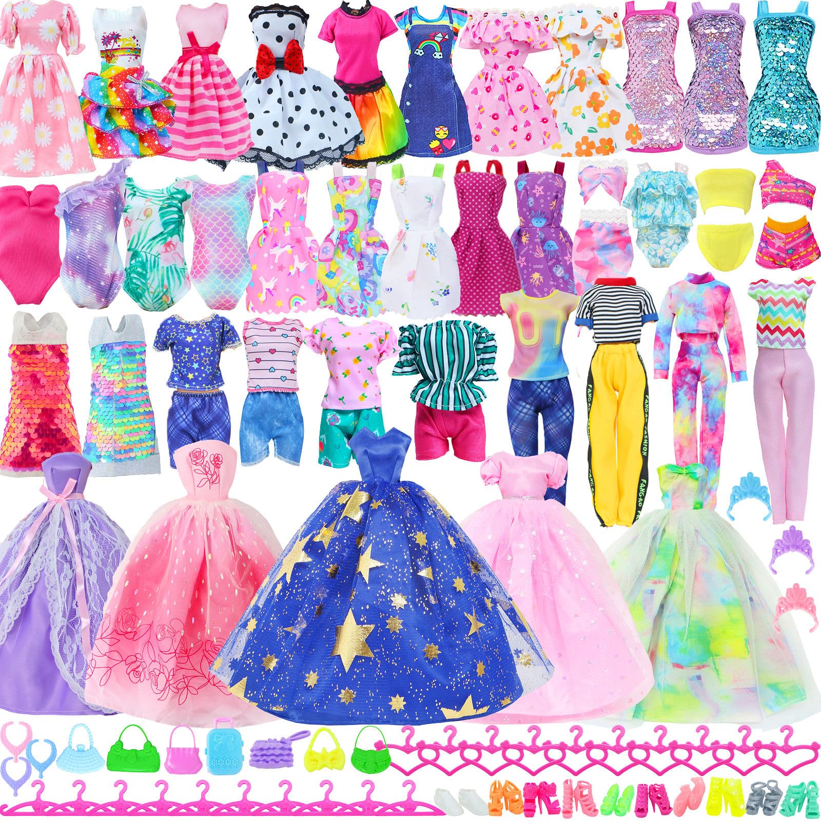 MCZQXW 65 Pcs Doll Clothes and Accessories, 5 Fashion Dresses, 3 Wedding Gowns, 4 Outfits Top & Pant, 3 Swimsuits Bikini, 5 Slip Skirts, 20 Hangers