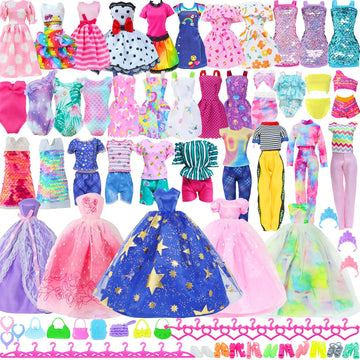MCZQXW 65 Pcs Doll Clothes and Accessories, 5 Fashion Dresses, 3 Wedding Gowns, 4 Outfits Top & Pant, 3 Swimsuits Bikini, 5 Slip Skirts, 20 Hangers