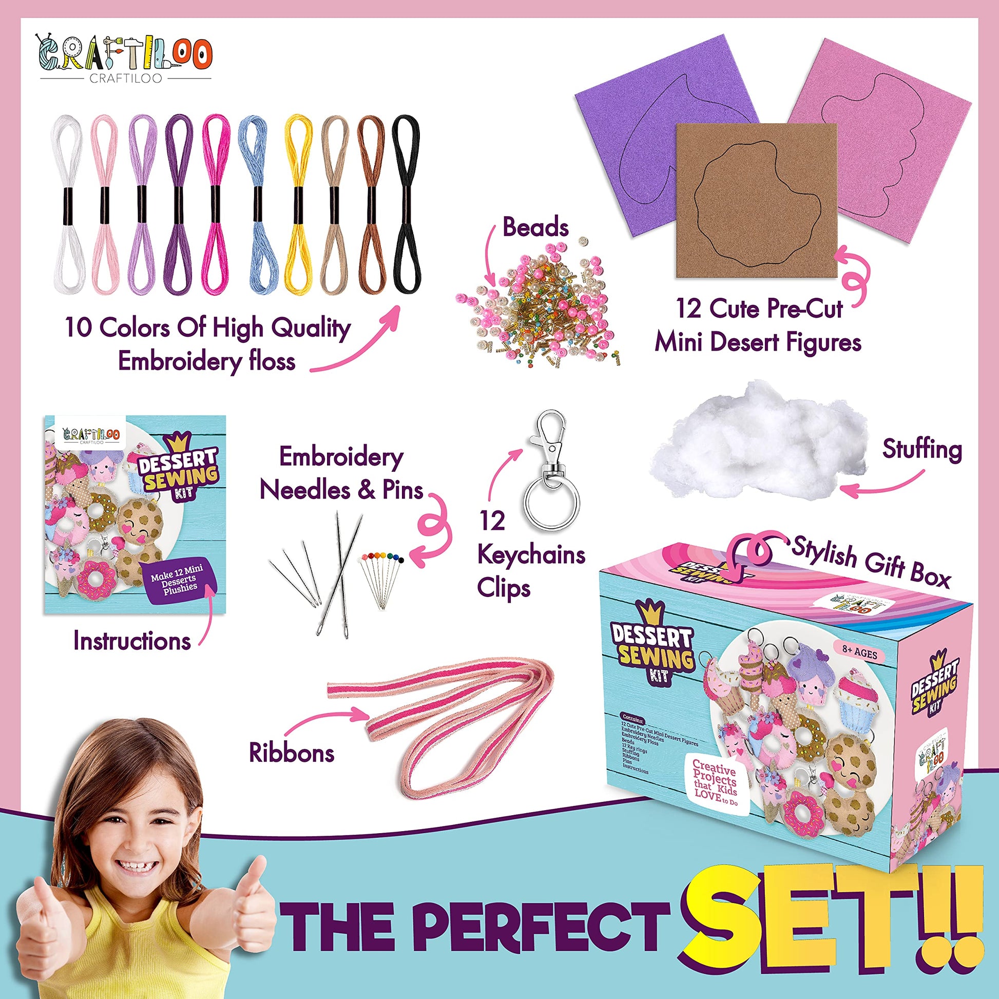 12 Pre-Cut Mini Treats Dessert Fun Kids Sewing Kit for Kids Ages 8-12 Children Beginners Sewing kit Kid Crafts Make Your Own Felt Pillow Plush Craft