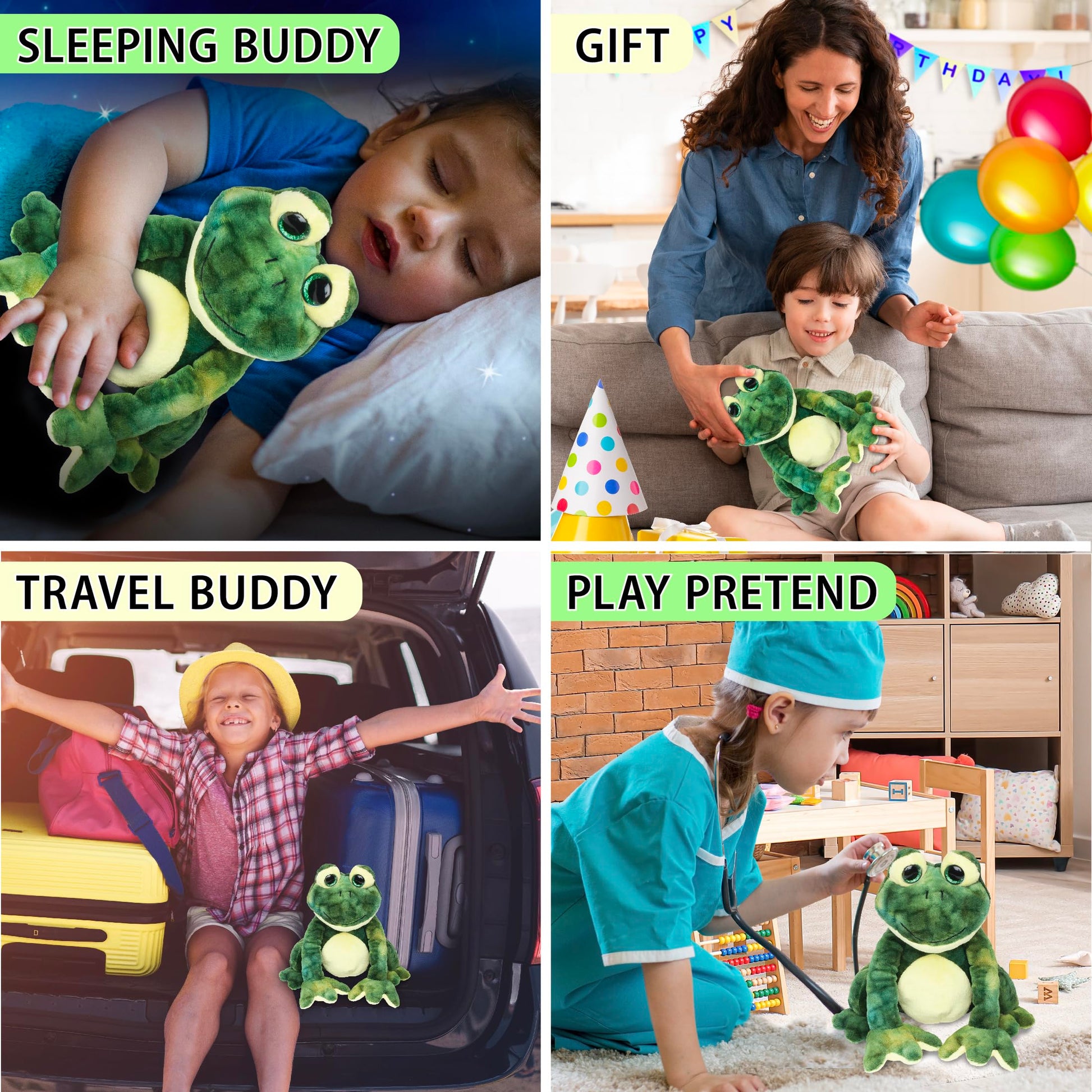 DolliBu Plush Frog Stuffed Animal - Soft Huggable Squat Green Frog, Adorable Playtime Frog Plush Toy, Cute Rain Forest Life Cuddle Gift for Kids
