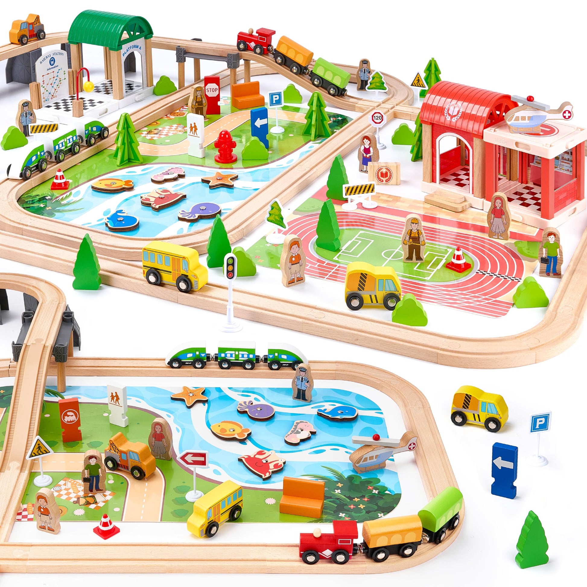 Wooden Train Set 175-Piece for Toddlers Kids Ages 3-8, Double-Sided Expandable Train Track with Puzzles & Magnetic Fishing Toys Compatible with Major