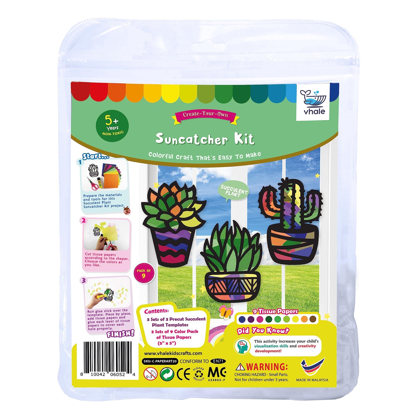 VHALE Suncatchers Craft 3 Sets (9 Cutouts) w Tissue Papers Stained Glass Effect Paper Sun Catcher Kit, Window Art, Classroom Crafts, Creative Art