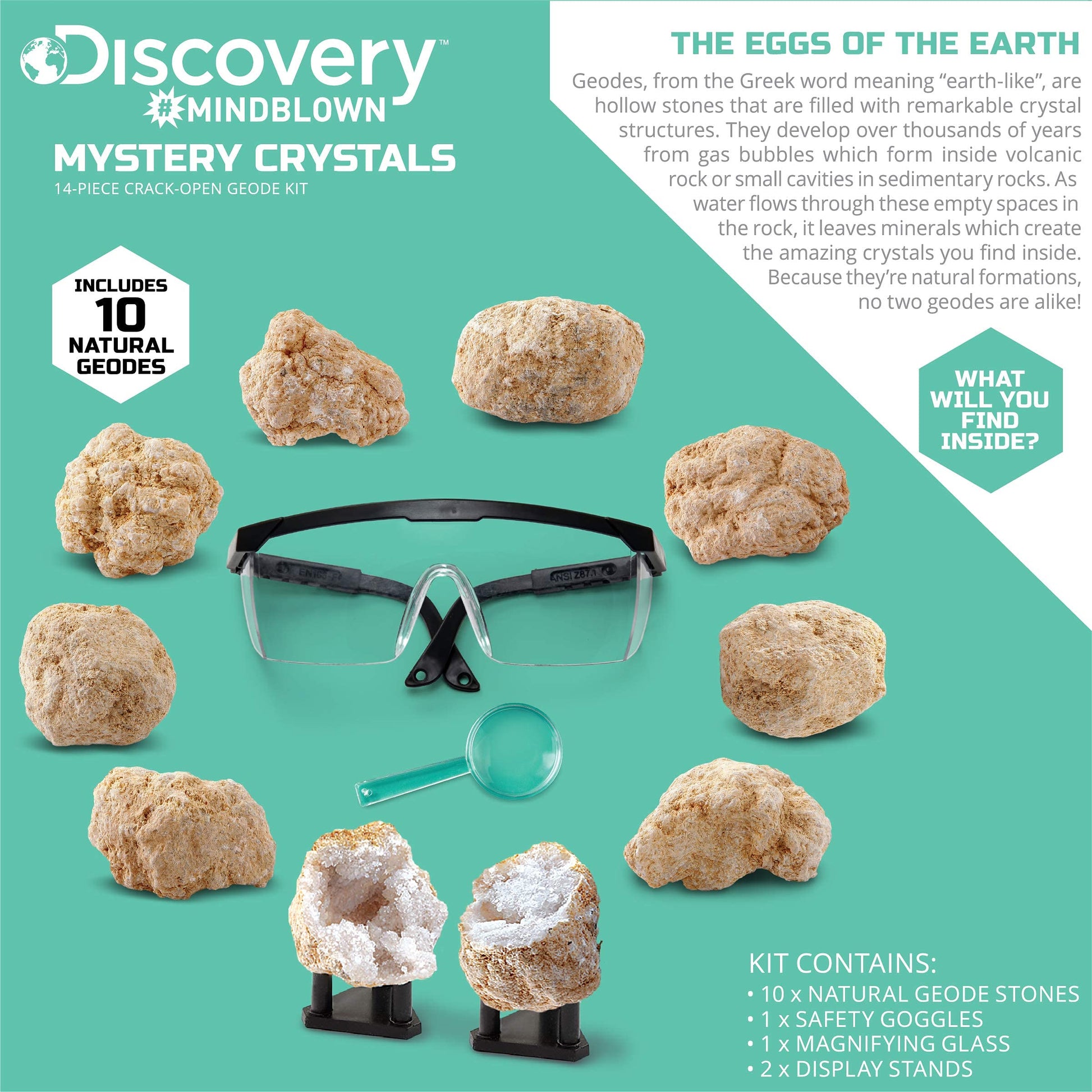 Discovery™ Mystery Crystal Geode Kit - Crack Open 10 Real Quartz Geodes| Includes Goggles, Magnifying Glass & Display Stands| Educational STEM Geology