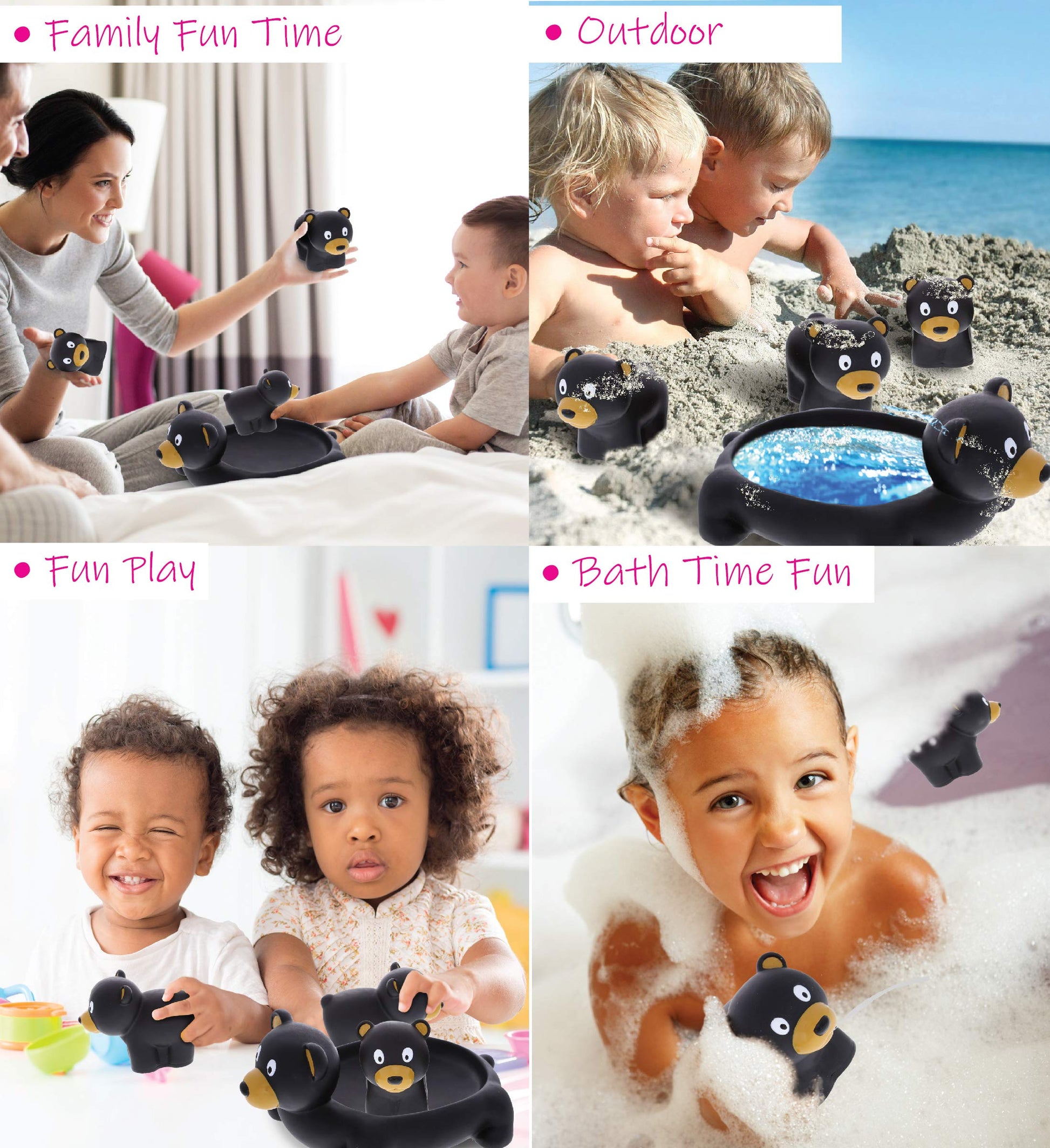 DolliBu Black Bear Animal Bath Toys - Family Animal Water Squirter for Kids, 4-Piece Kid and Baby Bathtub Toys, Fun Bath Time Children, Floating Bath