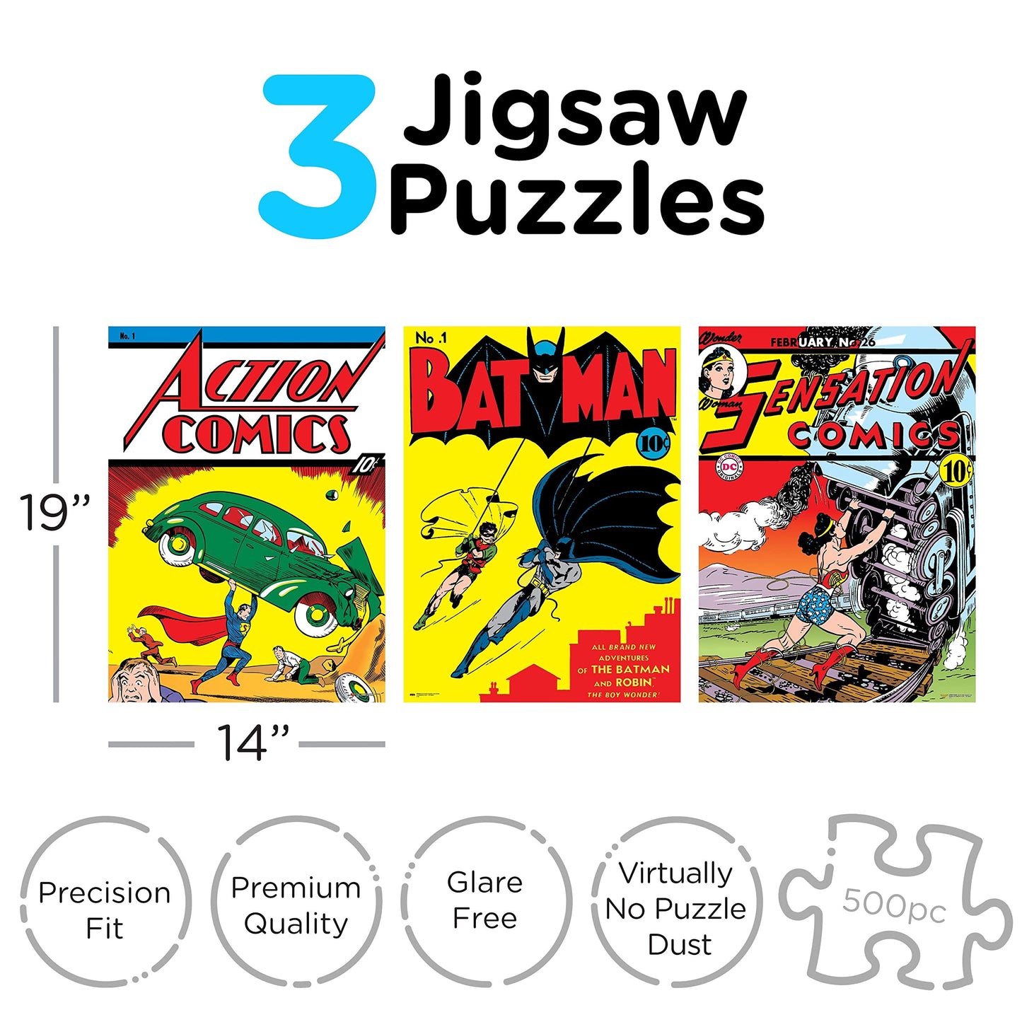 DC Comics 3 x 500 Jigsaw Piece Jigsaw Puzzle Set with Bonus Poster - Superhero Puzzle Pack for Adults, Kids & Families | Superman, Batman & Wonder