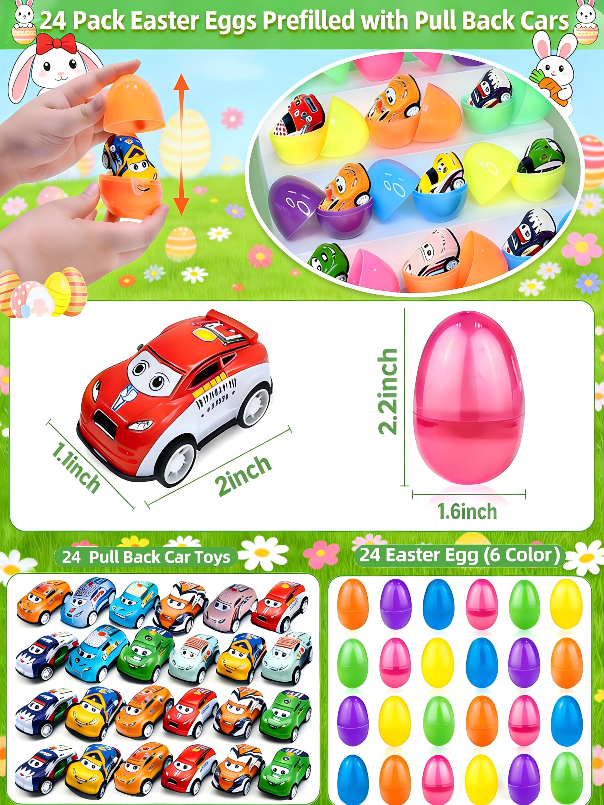 24 Pack Prefilled Easter Eggs Pull Back Cars,Mini Easter Race Cars for Kids Toddlers Egg Hunt Basket Stuffers Filler Surprise Egg Party Favor