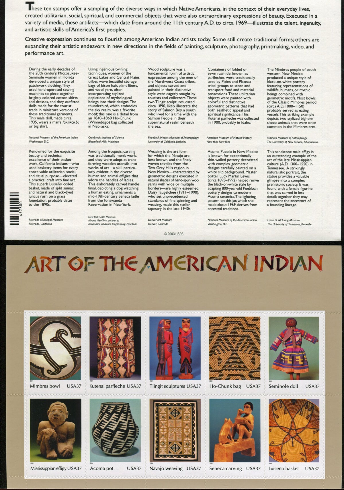 Art of the American Indian, Full Pane of 10 x 37-Cent Postage Stamps, USA 2004, Scott 3873