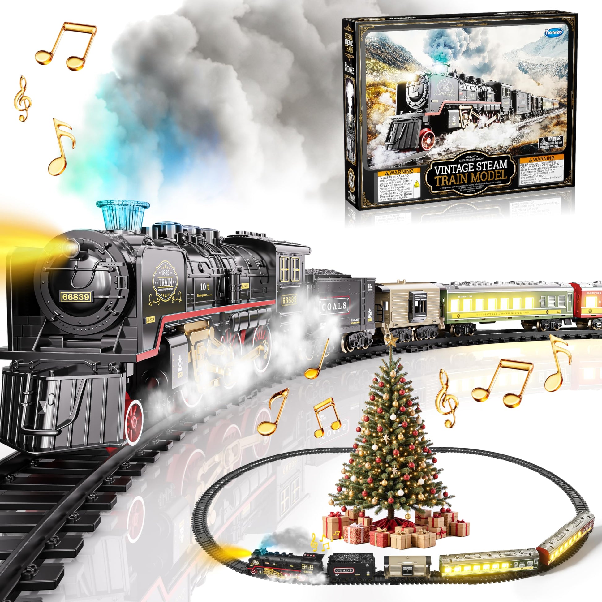 Funwee Electric Steam Train Set with Glowing Passenger Carriages,Locomotive Train Model for Under Christmas Tree with Lights,Smoke and Sounds,Gift