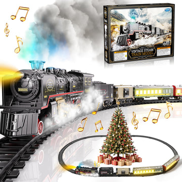 Funwee Electric Steam Train Set with Glowing Passenger Carriages,Locomotive Train Model for Under Christmas Tree with Lights,Smoke and Sounds,Gift