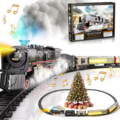 Funwee Electric Steam Train Set with Glowing Passenger Carriages,Locomotive Train Model for Under Christmas Tree with Lights,Smoke and Sounds,Gift