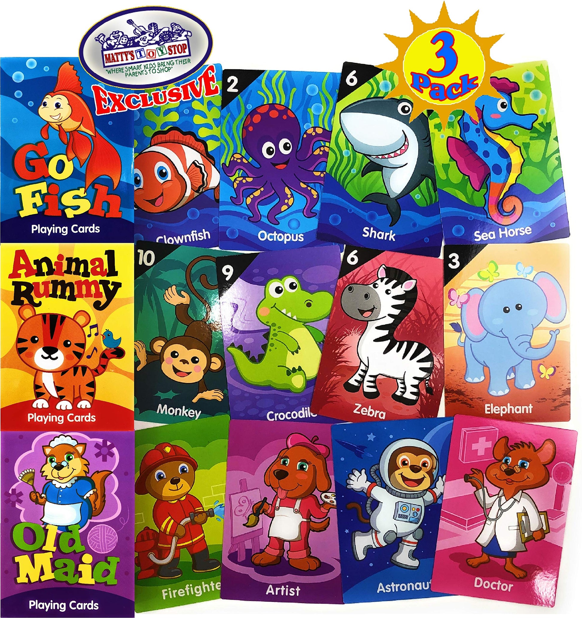 Matty's Toy Stop Deluxe Jumbo Classic Playing Card Games Set (6.75" x 4.75") Featuring Go Fish, Old Maid & Animal Rummy - 3 Pack
