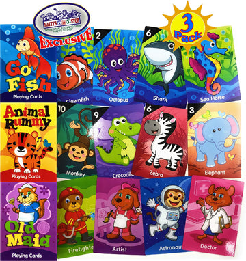 Matty's Toy Stop Deluxe Jumbo Classic Playing Card Games Set (6.75" x 4.75") Featuring Go Fish, Old Maid & Animal Rummy - 3 Pack