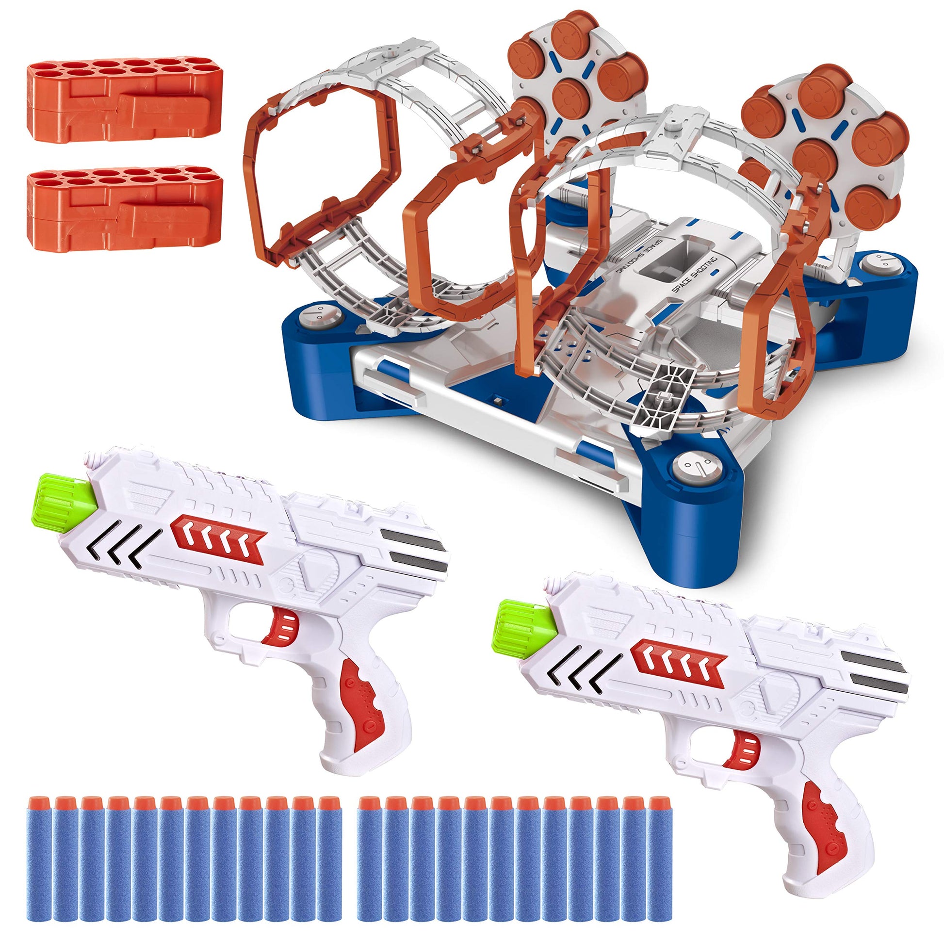 JOYIN T-Interstellar Shooting Game Target Set of Shooting Pop Out Targets with 2 Rotating Barrier, Include 2 Foam Darts Toy Guns and Convenient Clips
