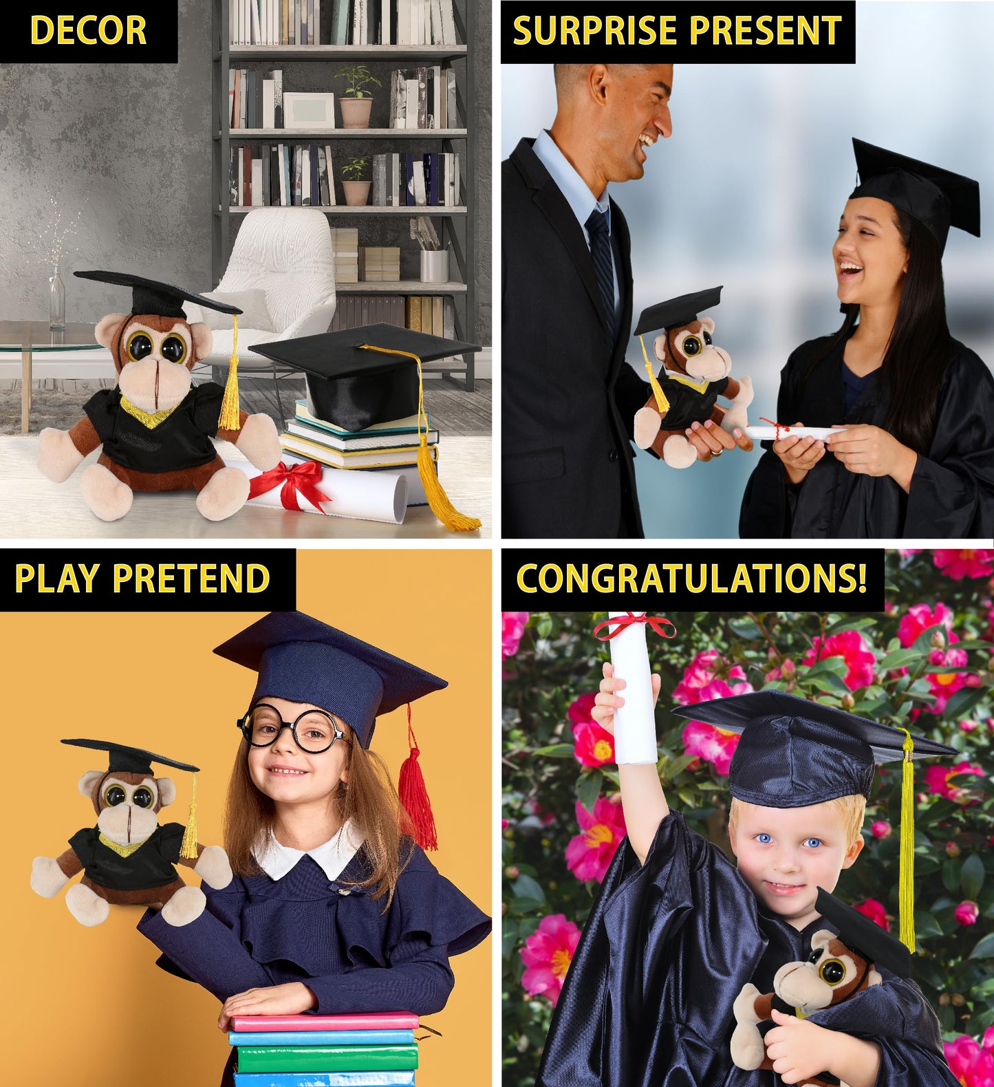 DolliBu Big Eye Monkey Graduation Plush Toy - Super Soft Graduation Stuffed Animal Dress Up with Gown and Cap with Tassel Outfit with Personalization