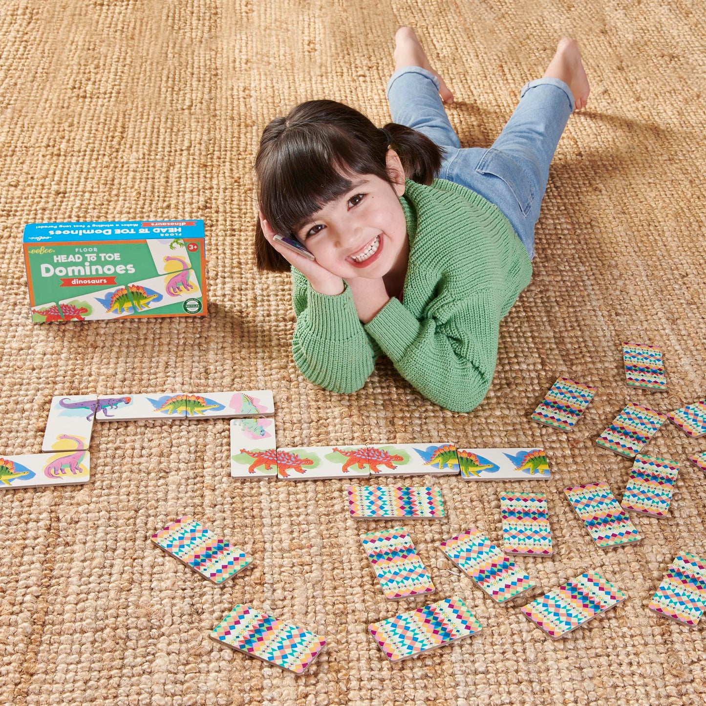 eeBoo Floor Head to Toe Dominoes - Dinosaurs 28 Piece Matching Game, Colorful Dinosaur Tiles, Screen-Free Fun for Kids Ages 3 and up