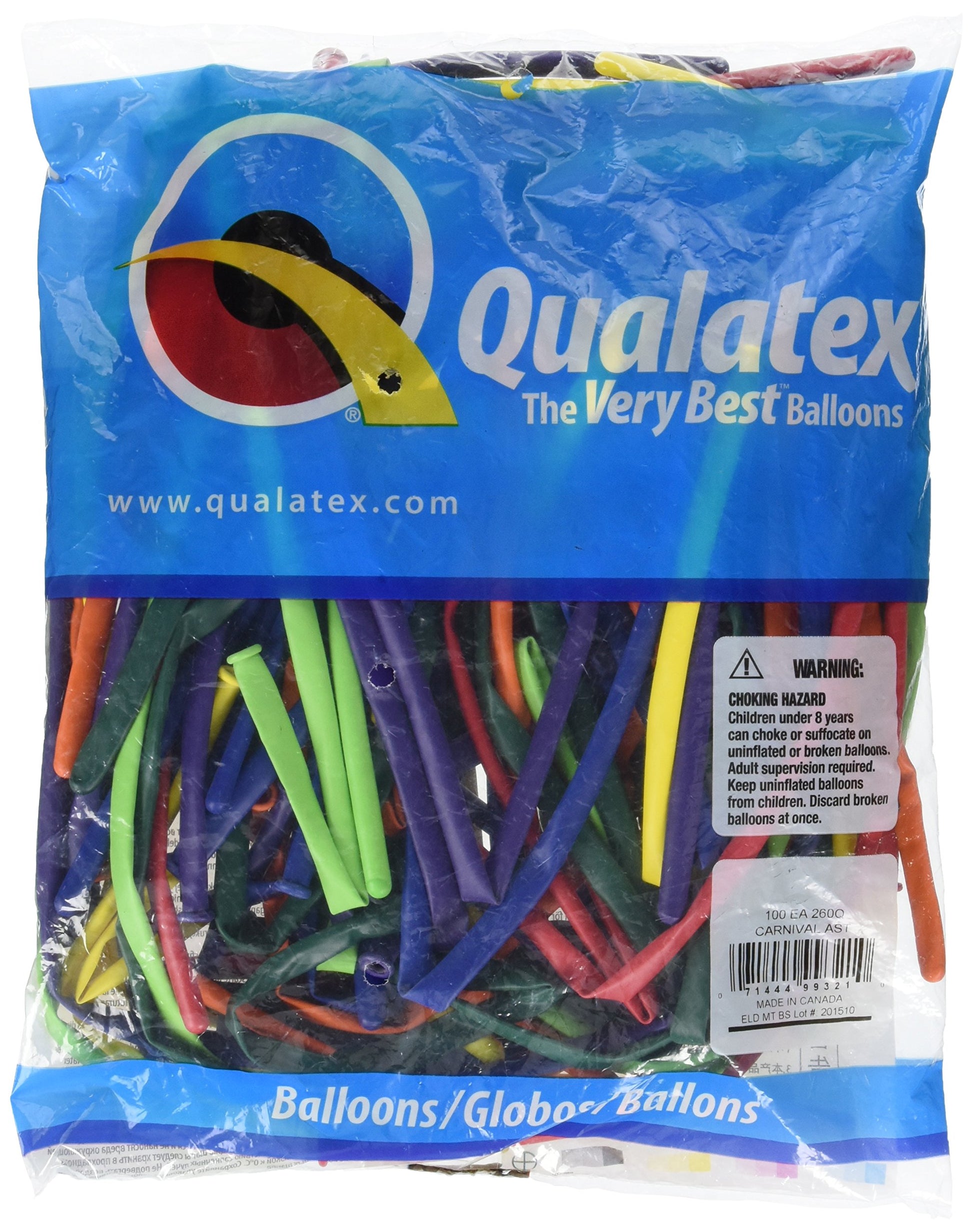 Qualatex 99321 Carnival Assortment Latex Balloons, 260Q, Multicolor, Pack of 100