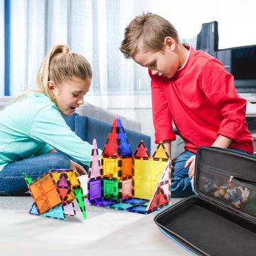 PicassoTiles 101 PCs Magnetic Tiles Building Block with Storage Case Included Bold Colors Travel Carry Case Construction Set for Boys & Girls Great