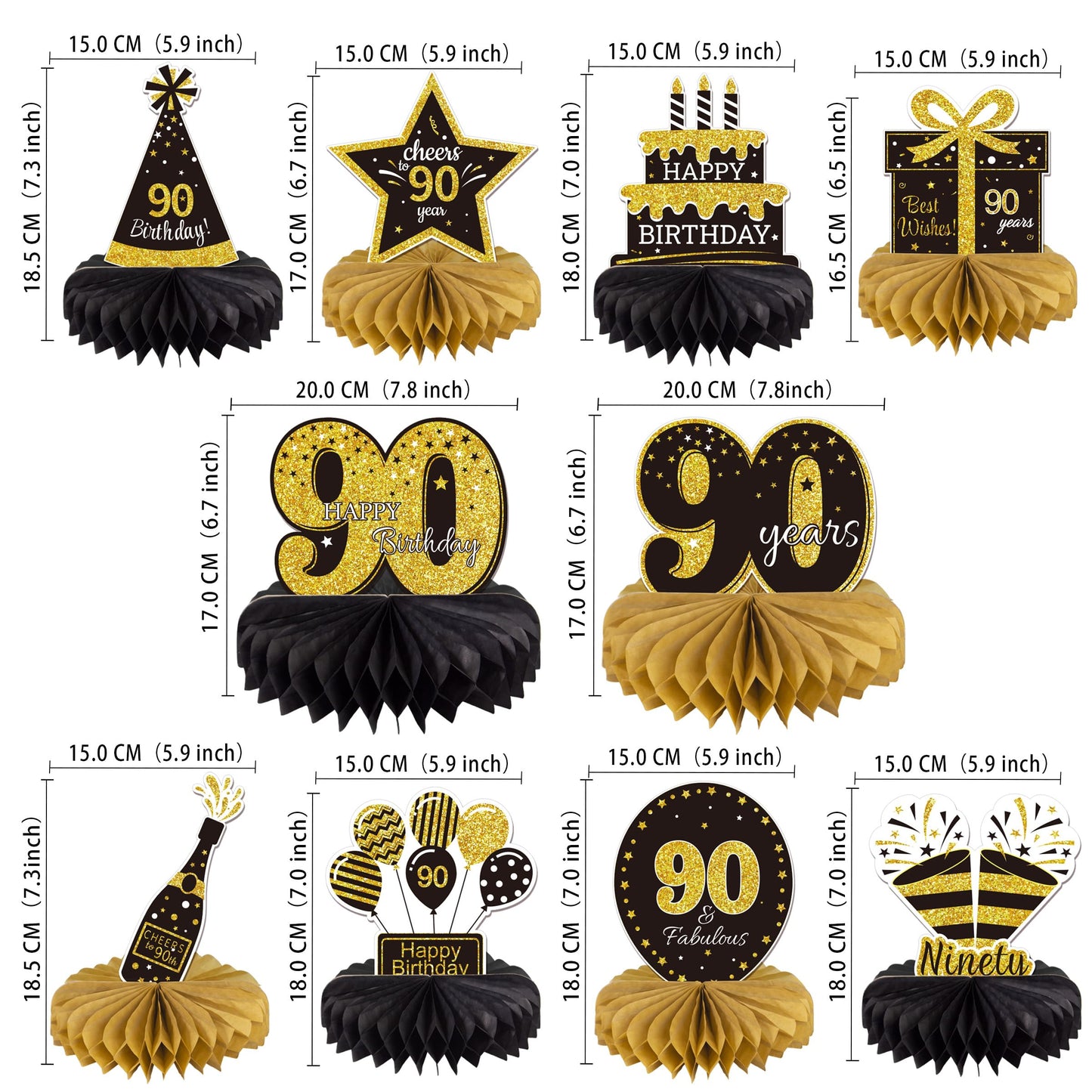 10PCS 90th Birthday Decorations Centerpieces for Table Decorations,Gold Black Happy 90th Birthday Honeycomb Table Topper Birthday Party Decoration