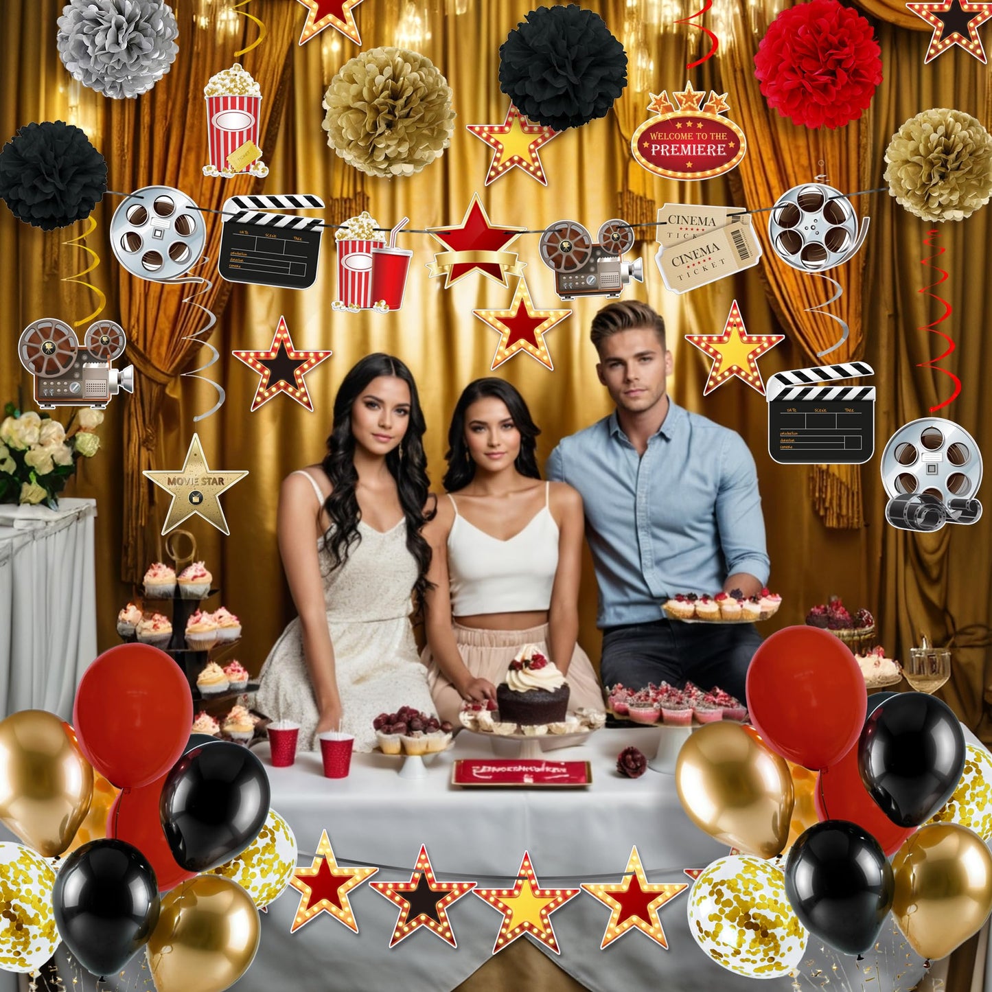 47 PCS Movie Party Decorations Kit Now Showing Banner Hanging Swirls Balloons for Movie Themed Wedding Bridal Baby Shower Birthday Parties