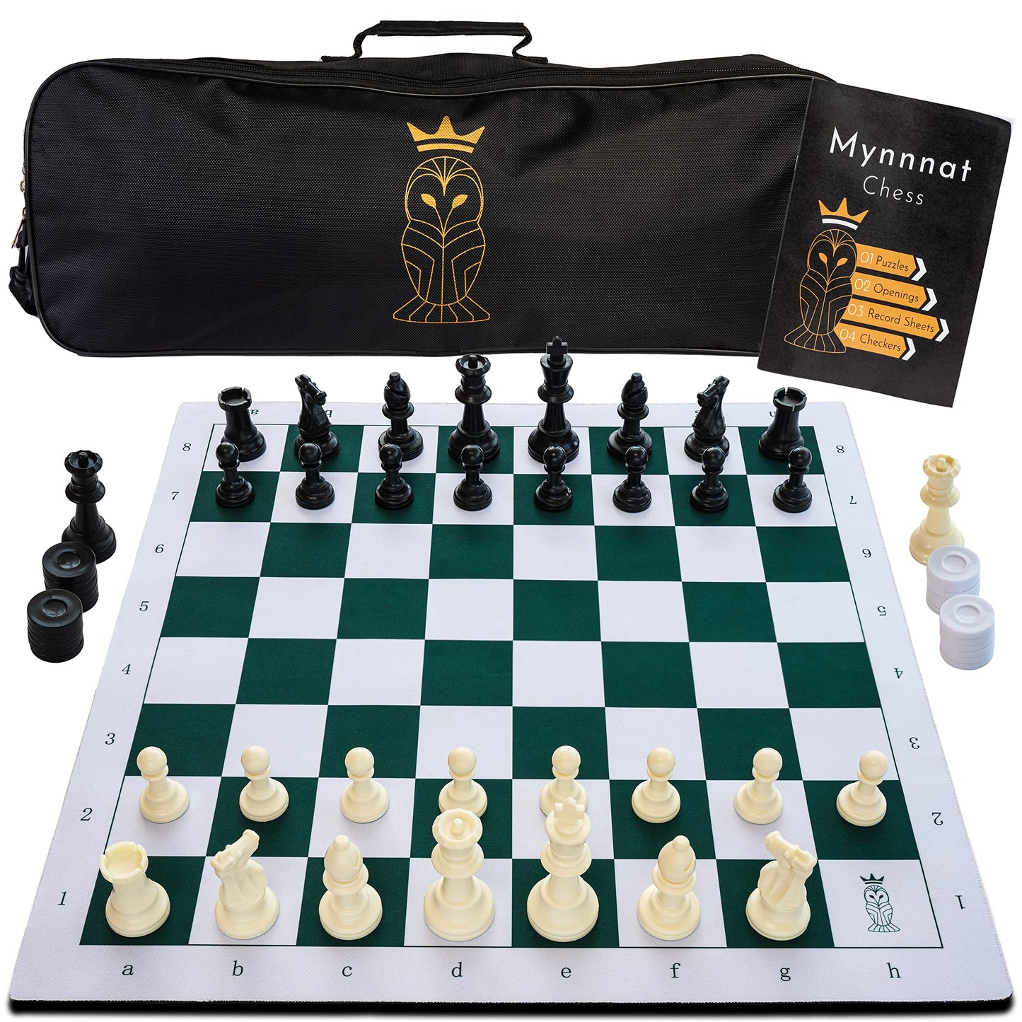 Mynnnat Professional Chess Set, Thick Tournament Roll up Board and Pieces with Travel Bag, Checkers and Unique Booklet for Chess Training - White
