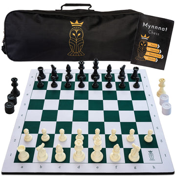 Mynnnat Professional Chess Set, Thick Tournament Roll up Board and Pieces with Travel Bag, Checkers and Unique Booklet for Chess Training - White