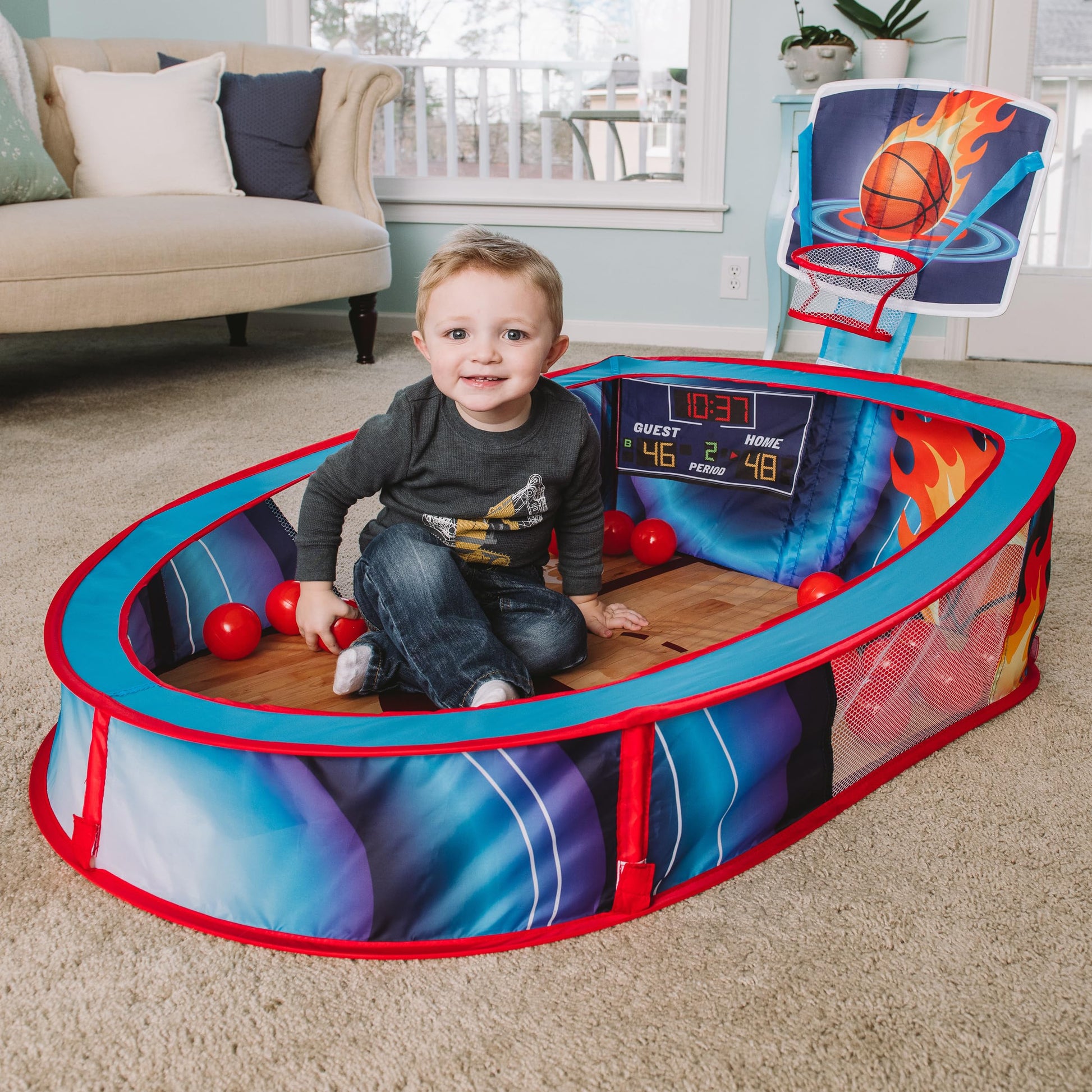 Large Basketball Sport Pop Up Ball Tent with Basketball Hoop and 20 Soft Balls for Toddler Kids, Folds for Easy Storage
