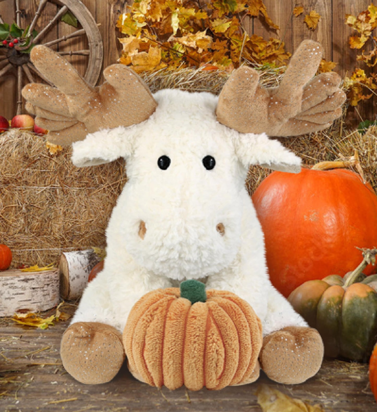 DolliBu Super Soft Fancy Floppy Moose Stuffed Animal with Pumpkin Decor and Personalization - Pumpkin Plush Animal for Fall, Halloween