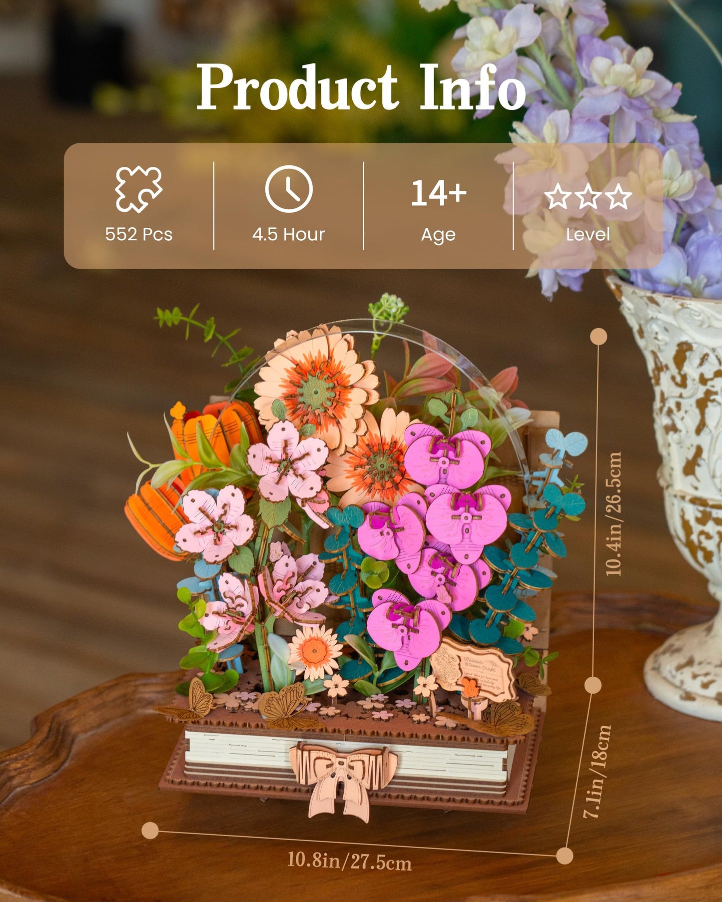ROBOTIME 3D Wooden Blooming Book Garden DIY Kit, Flowers Building Set, Adult Creative Craft & Home Decor Puzzle, Unique Gift for Women, Mom