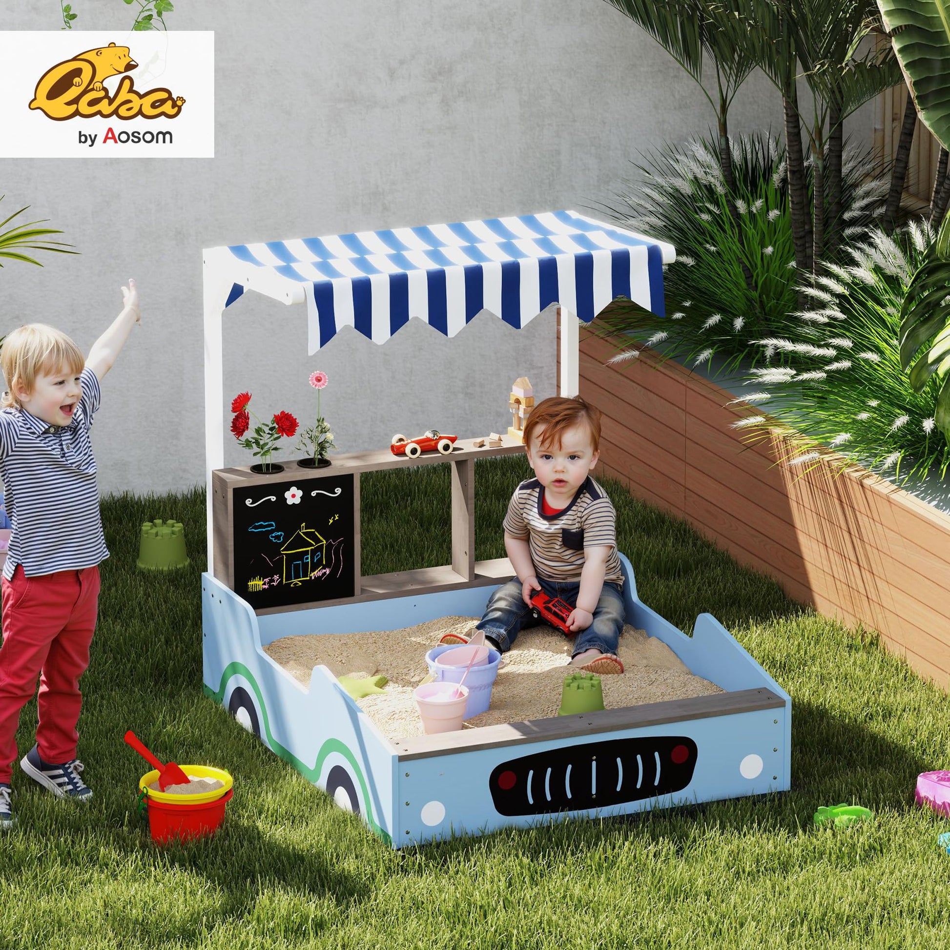 Qaba Kids Wooden Sandbox with Canopy Outdoor Bench Seats Ages 3-7 Blue