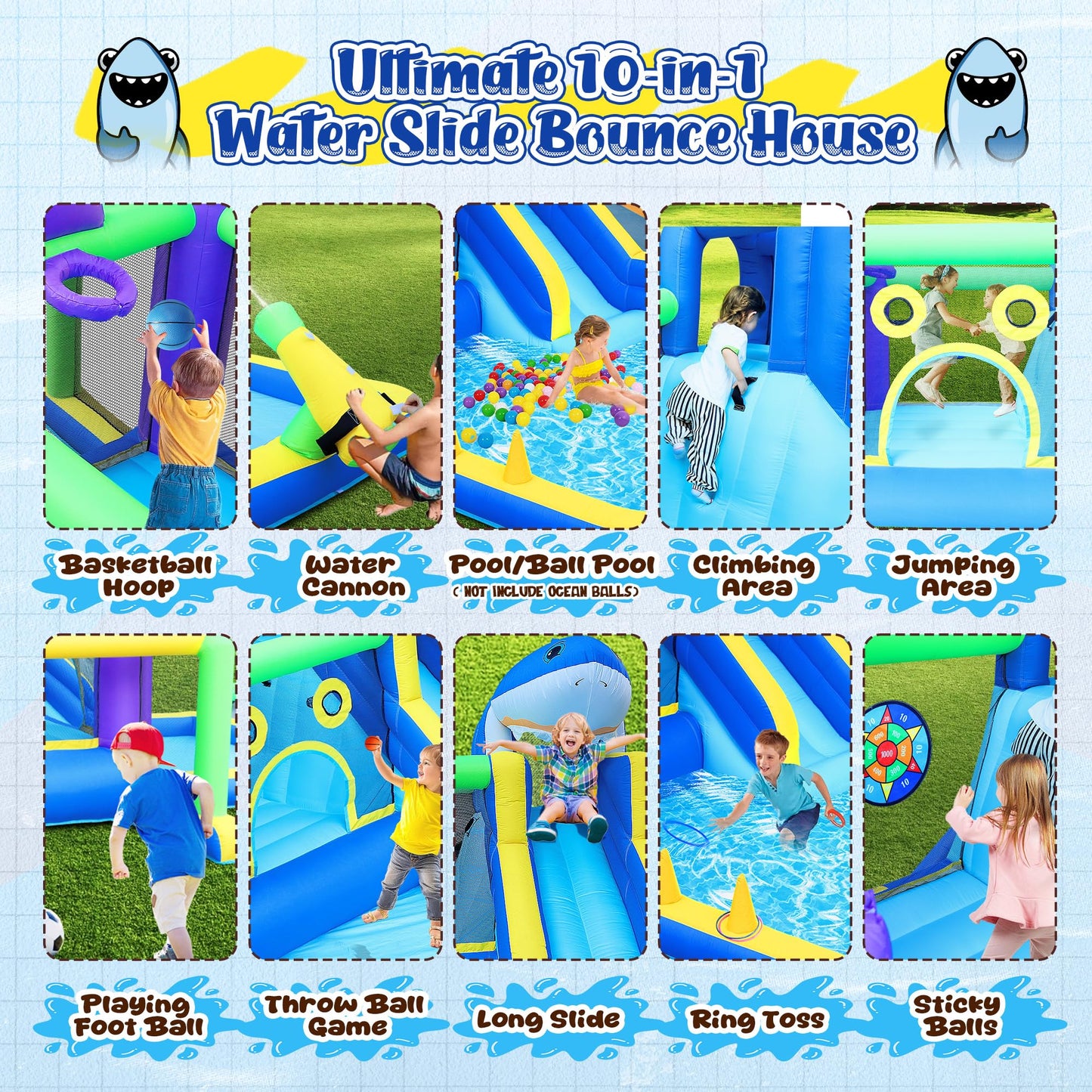 Leistooyfan 10-in-1 Shark Inflatable Bounce House for Kids with 450W Blower