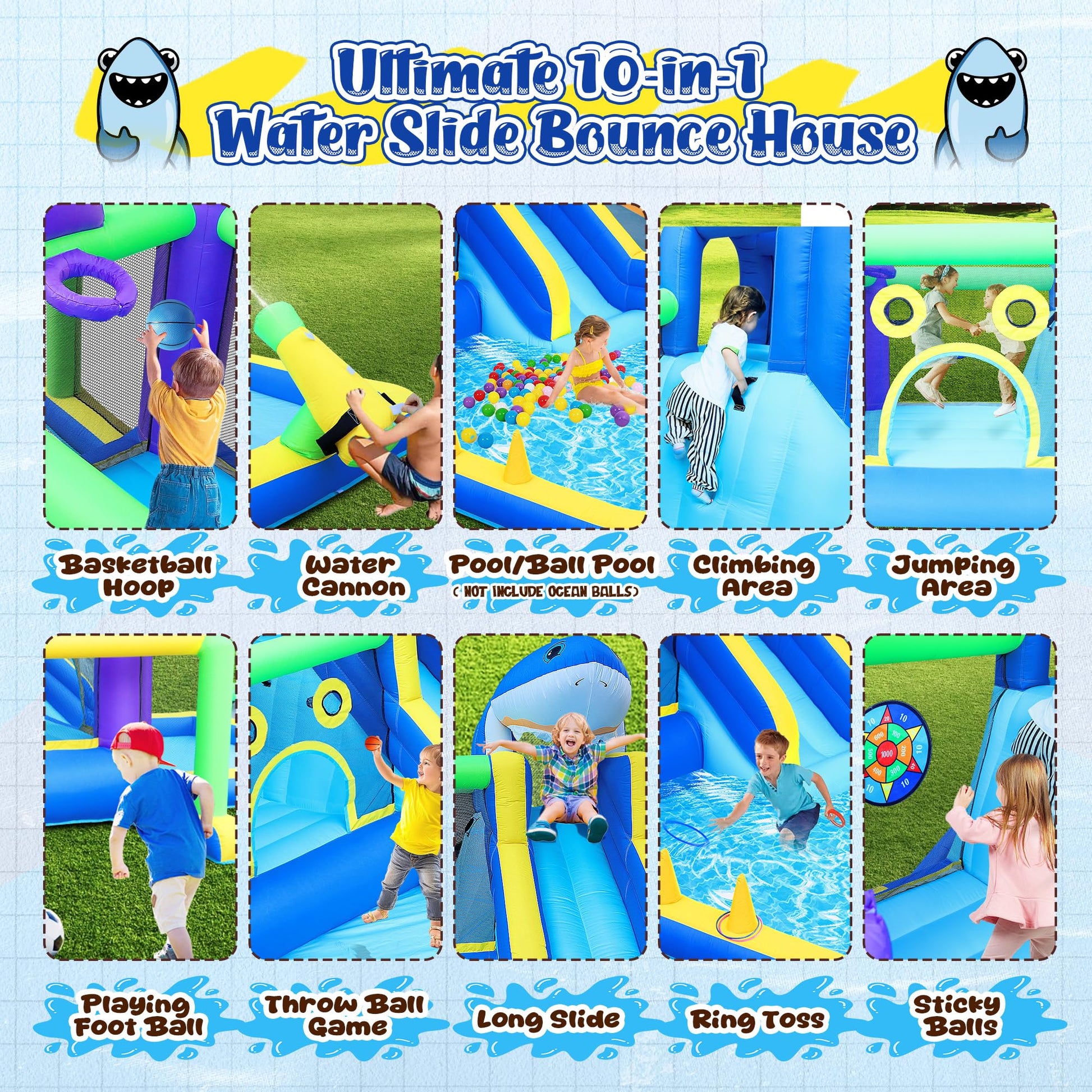 Leistooyfan 10-in-1 Shark Inflatable Bounce House for Kids with 450W Blower