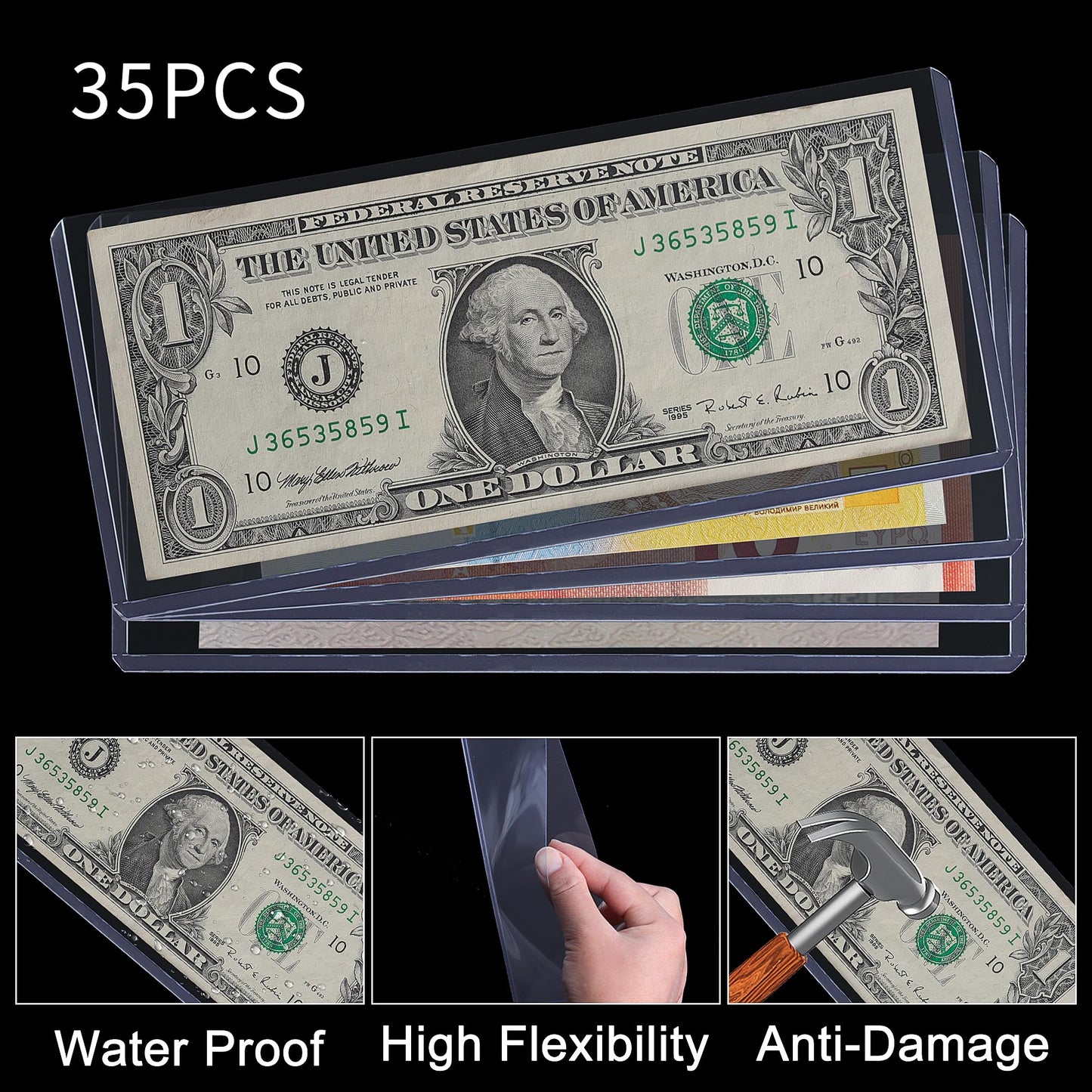Uncle Paul 35PCS Banknote Topload Holders - Bill Currency PVC Clear Holders Top-Load Sleeves Display Holder for Paper Money Collection PN03L35