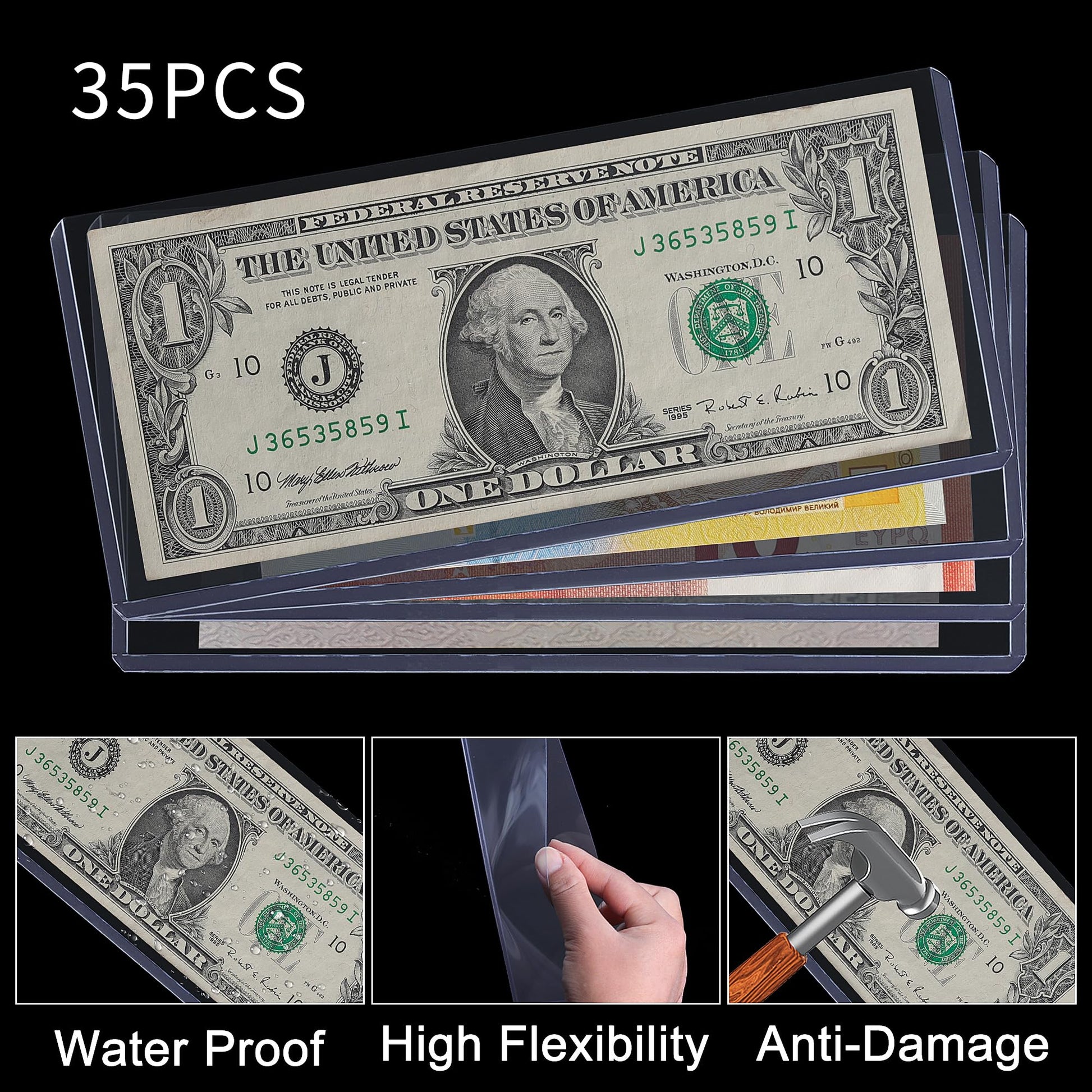 Uncle Paul 35PCS Banknote Topload Holders - Bill Currency PVC Clear Holders Top-Load Sleeves Display Holder for Paper Money Collection PN03L35