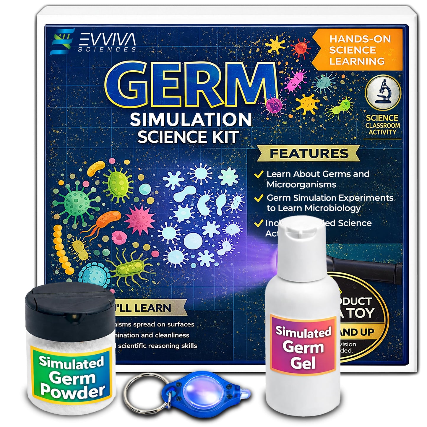 ES EVVIVA SCIENCES Germ Simulation Science Kit - Glow-in-the-Dark Powder & Gel - Blacklight Reactive Demonstration - Classroom Lab Activity - Ages 16+