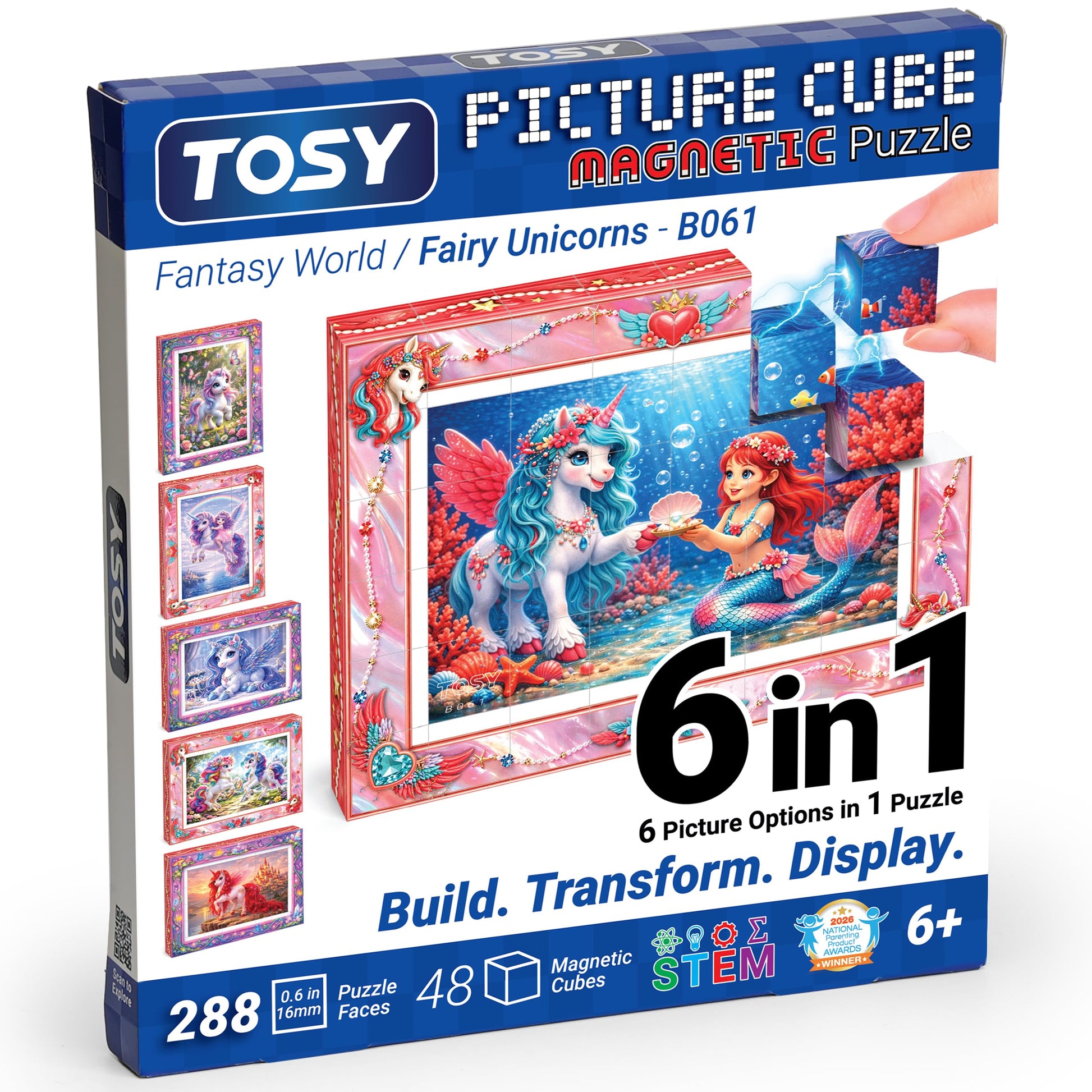 TOSY Picture Cube Fairy Unicorns: 6-in-1 Magnetic Picture Puzzle, 48 Blocks, 288 Puzzle Faces, 0.6 in, B061, Seamless UV Art, Display-Ready Frame
