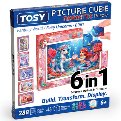 TOSY Picture Cube Fairy Unicorns: 6-in-1 Magnetic Picture Puzzle, 48 Blocks, 288 Puzzle Faces, 0.6 in, B061, Seamless UV Art, Display-Ready Frame