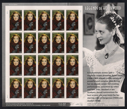 Bette Davis Legends of Hollywood pane of 20 x 42 cent us U.S. Postage Stamps
