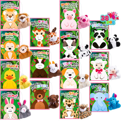 JOYIN 28 Pack Valentine's Day Gifts Cards for Kids with Plush Toy Key Chain Stress Relief Toy for Classroom Exchange Cards and Kids Party Favor