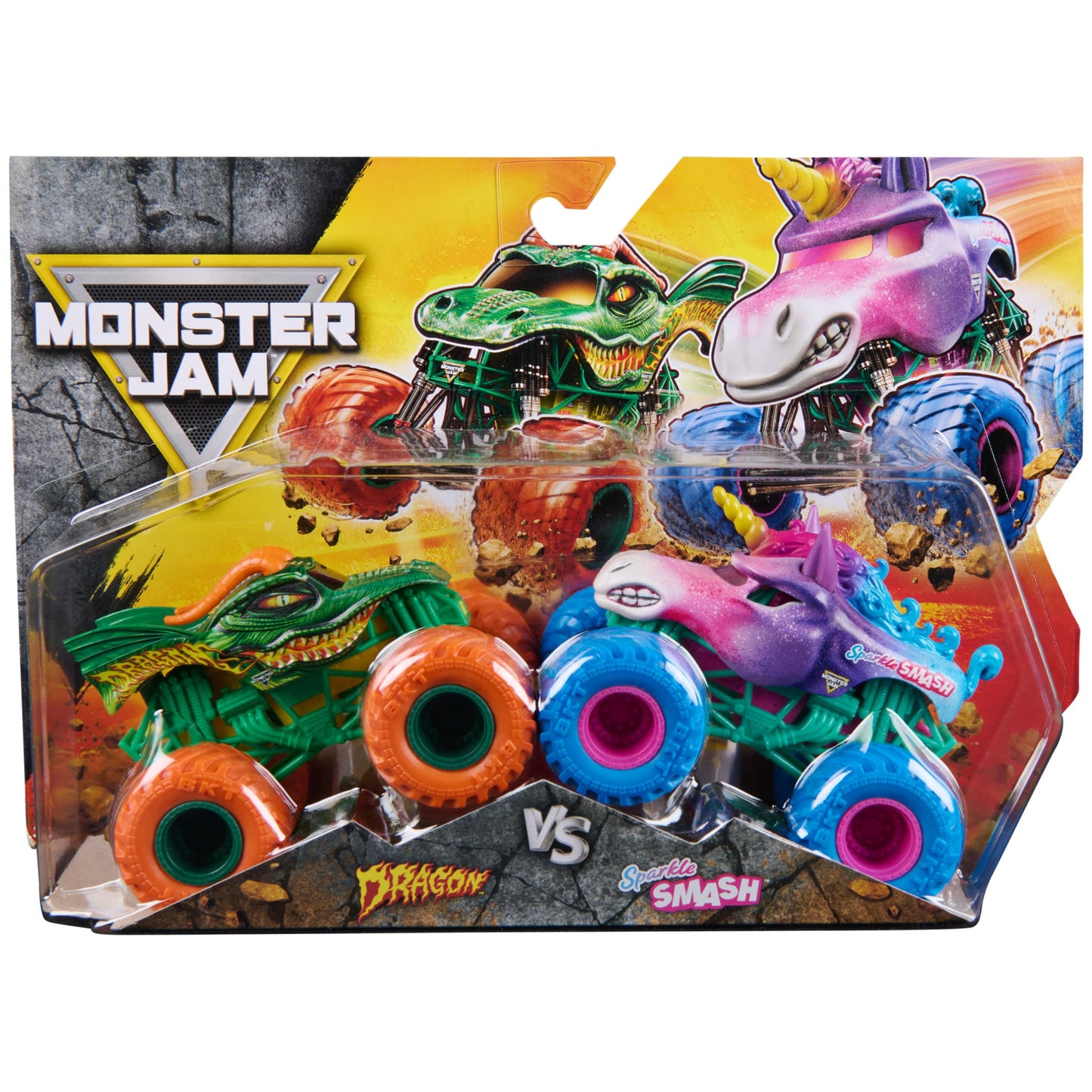 Monster Jam, Dragon Vs. Sparkle Smash Die-Cast Monster Trucks, 1:64 Scale, Kids Toys for Boys Ages 3 and up
