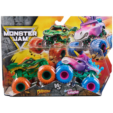 Monster Jam, Dragon Vs. Sparkle Smash Die-Cast Monster Trucks, 1:64 Scale, Kids Toys for Boys Ages 3 and up