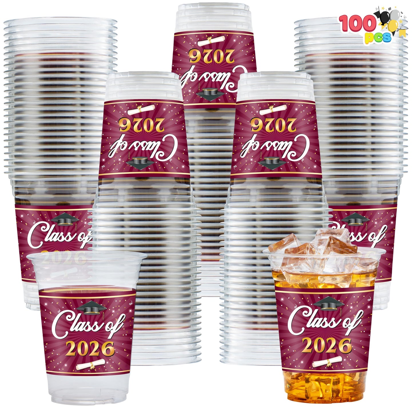 JOYIN 100 Pcs 16oz Graduation Party Plastic Cups (Maroon), Grad PET Cup Tableware Bulk for Class of 2026 Graduates, Disposable Cups for 2026 High