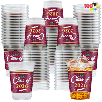 JOYIN 100 Pcs 16oz Graduation Party Plastic Cups (Maroon), Grad PET Cup Tableware Bulk for Class of 2026 Graduates, Disposable Cups for 2026 High