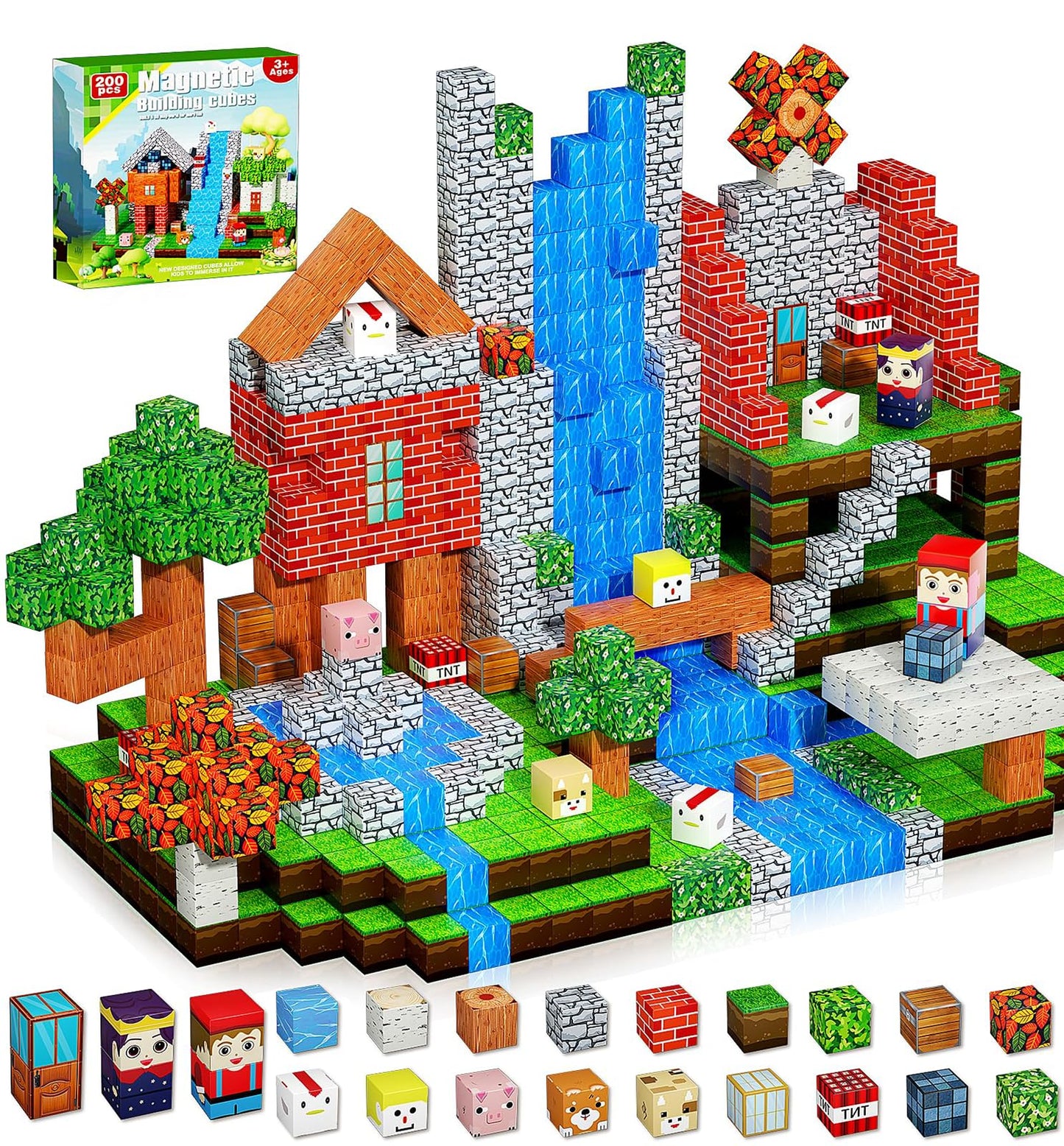 200PCS Magnetic Blocks, Magnetic Building Cube Toys for Kids, STEM Montessori Stacking, Sensory Education Toys for Toddlers Building World Set