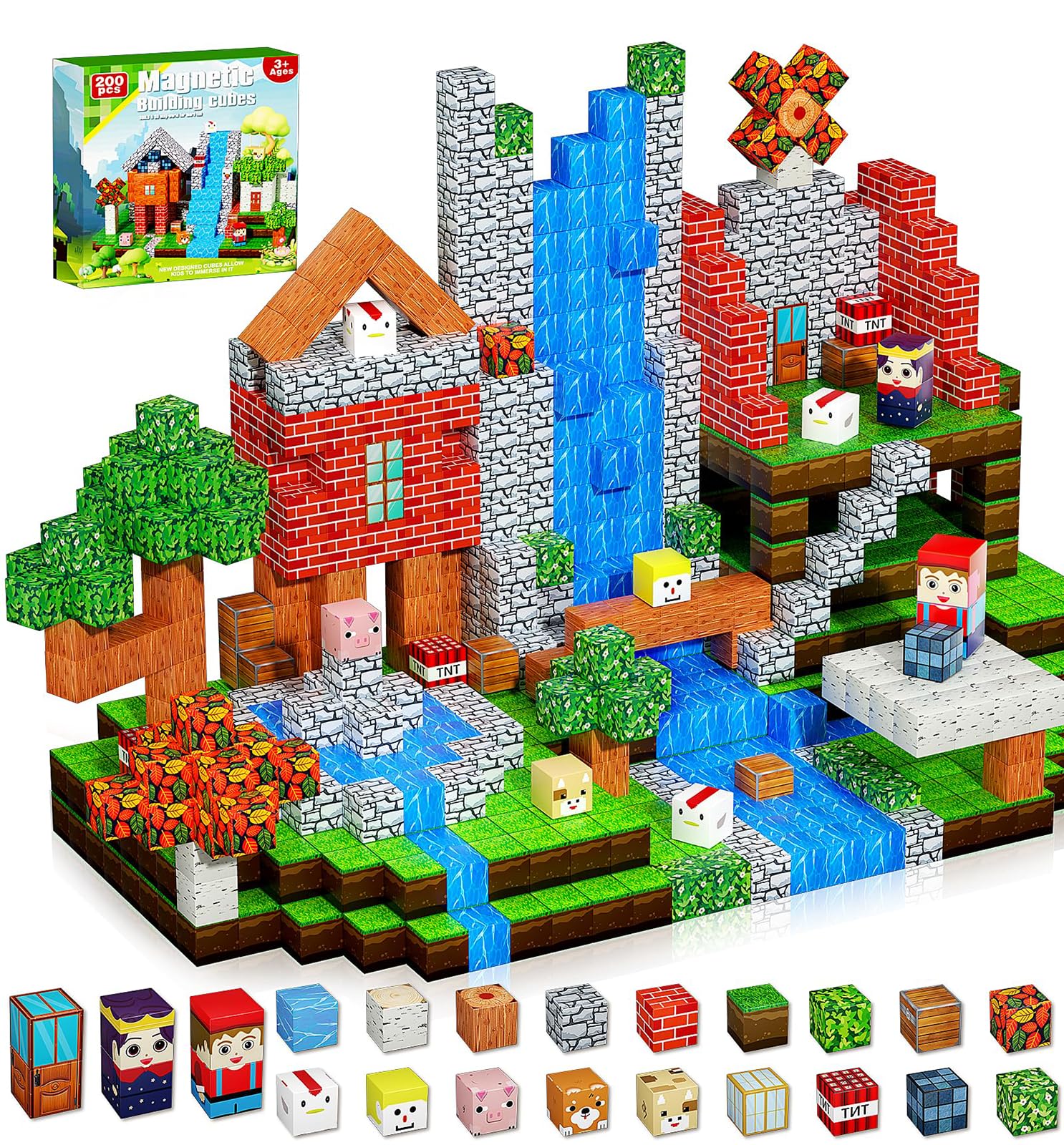 200PCS Magnetic Blocks, Magnetic Building Cube Toys for Kids, STEM Montessori Stacking, Sensory Education Toys for Toddlers Building World Set