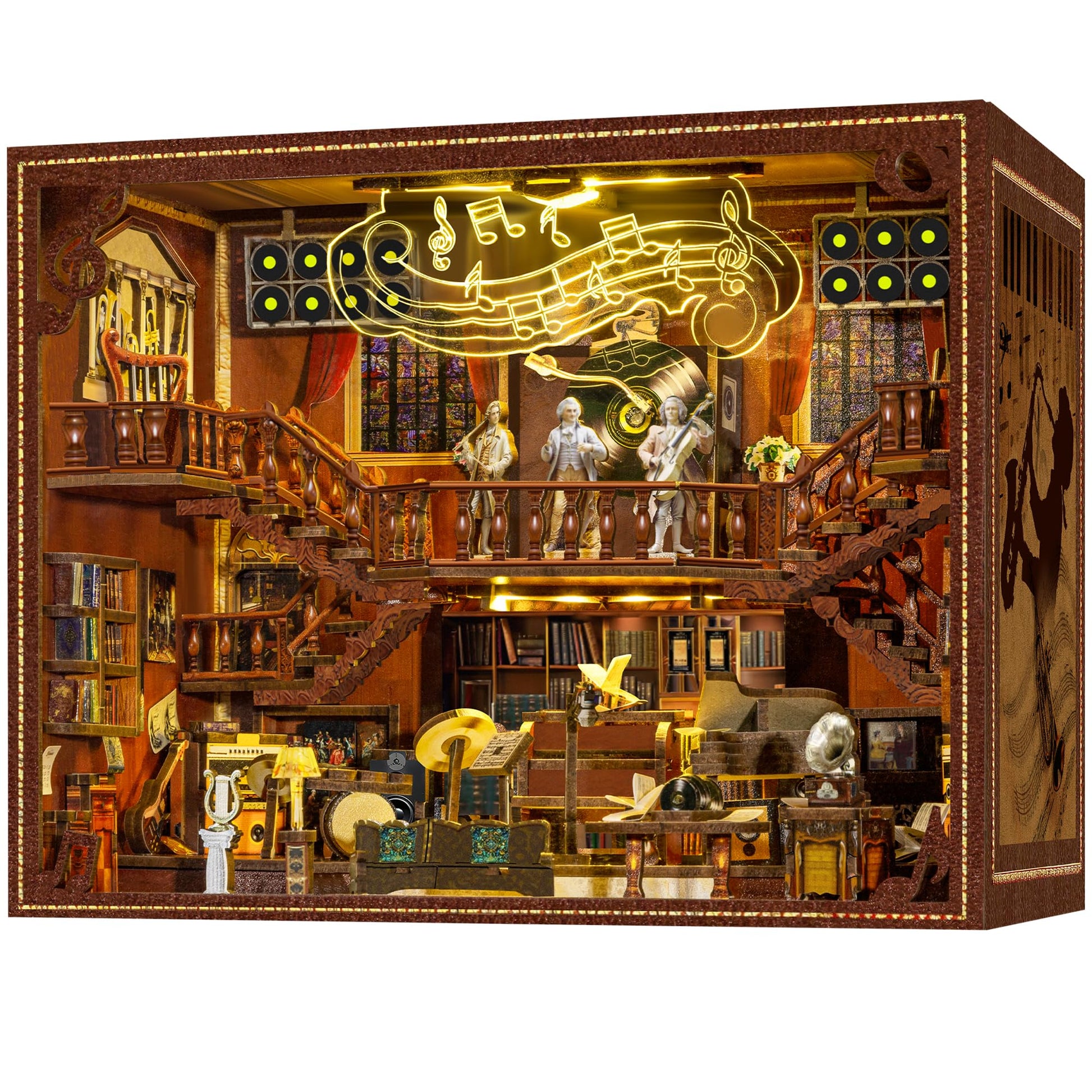 DIY Music Book Nook Kit - 3D Wooden Puzzle for Adults and Teens, Miniature Booknook Bookshelf Insert with LED Light, Ideal Gift for Family
