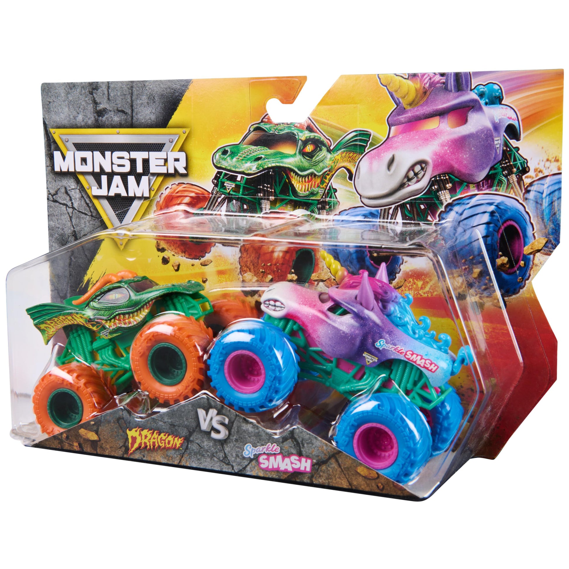 Monster Jam, Dragon Vs. Sparkle Smash Die-Cast Monster Trucks, 1:64 Scale, Kids Toys for Boys Ages 3 and up