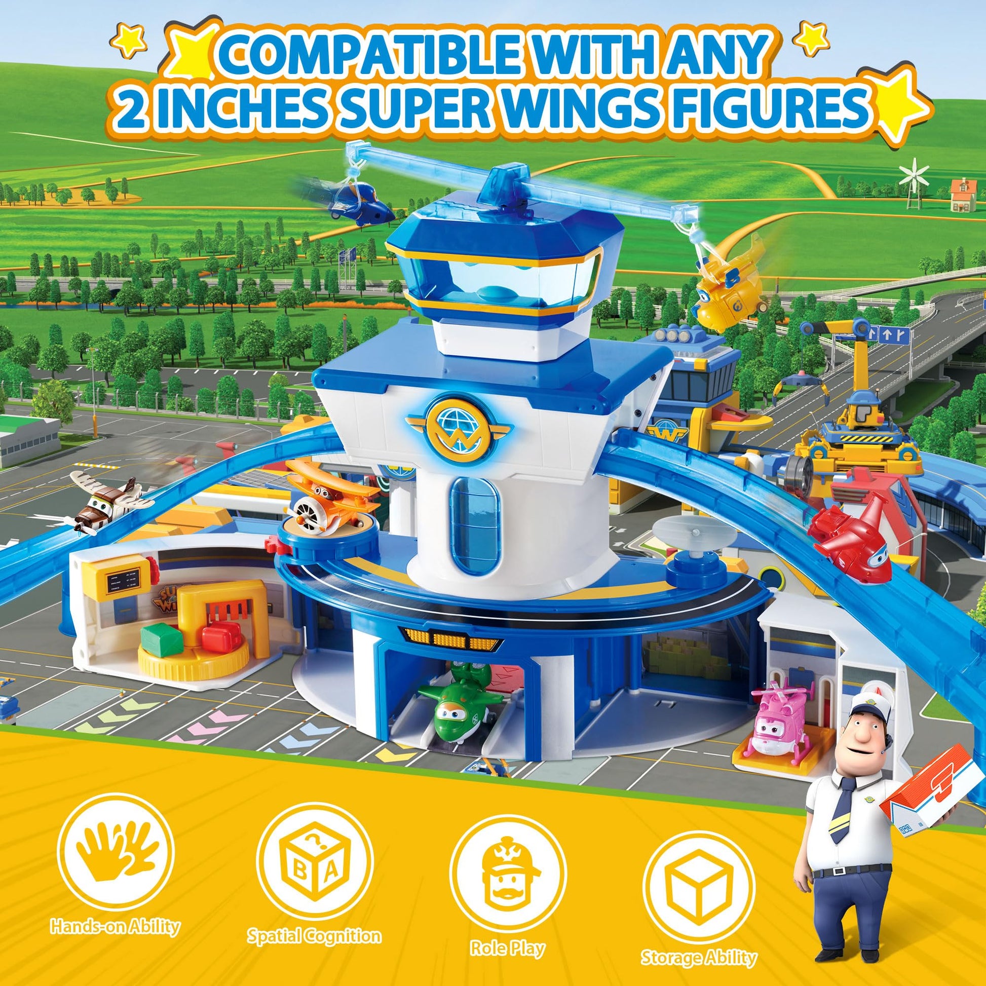 Super Wings World Airport Playset, Includes 2" Transform-a-Bot Jett and Donnie Figures, Preschool Educational Learning Toys for Boys and Girls Age 3 4