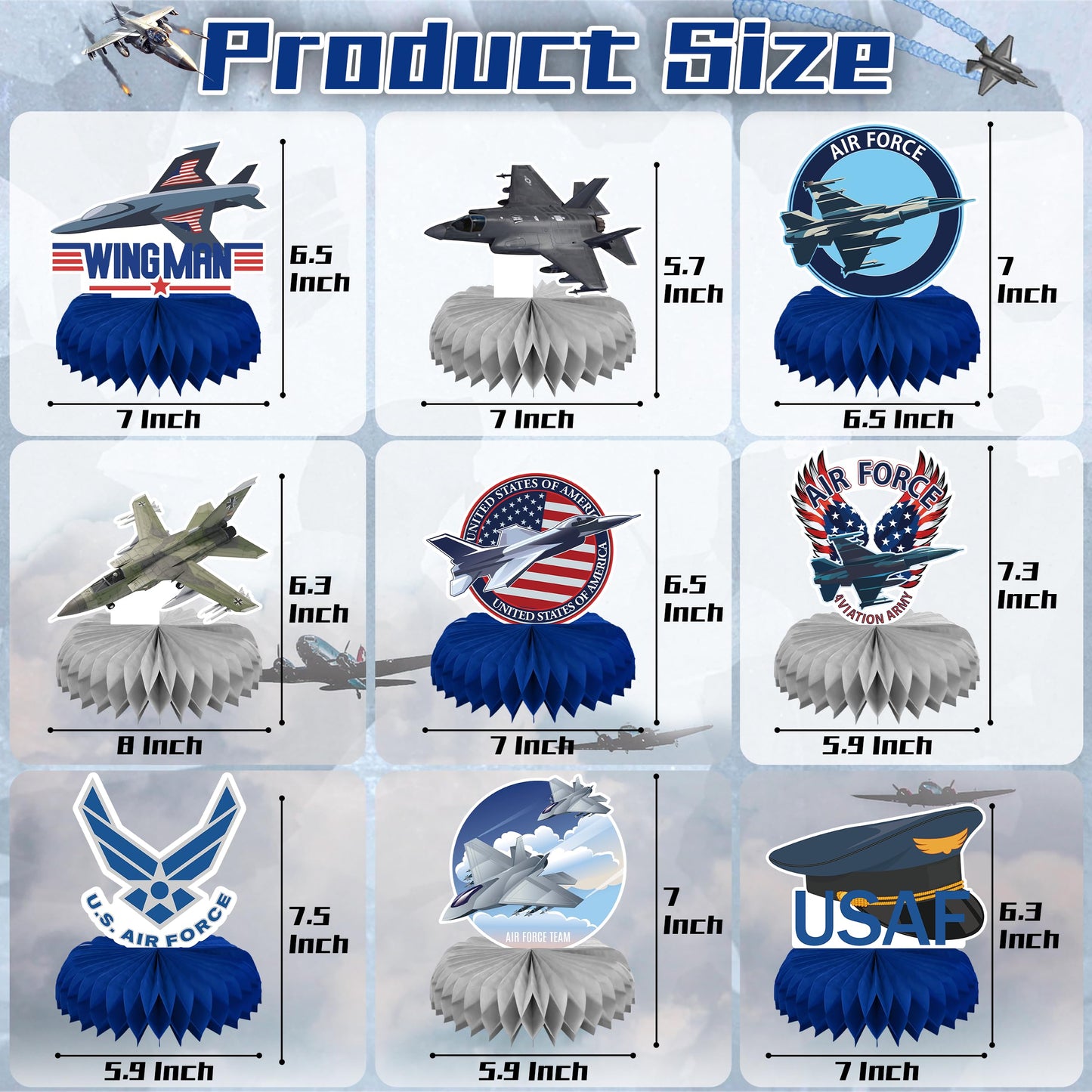 9Pcs Airplane Honeycomb Centerpieces, 3D Table Toppers, Double Sided Printed Aviation Fighter Theme Party Decorations, Birthday Party Baby Shower