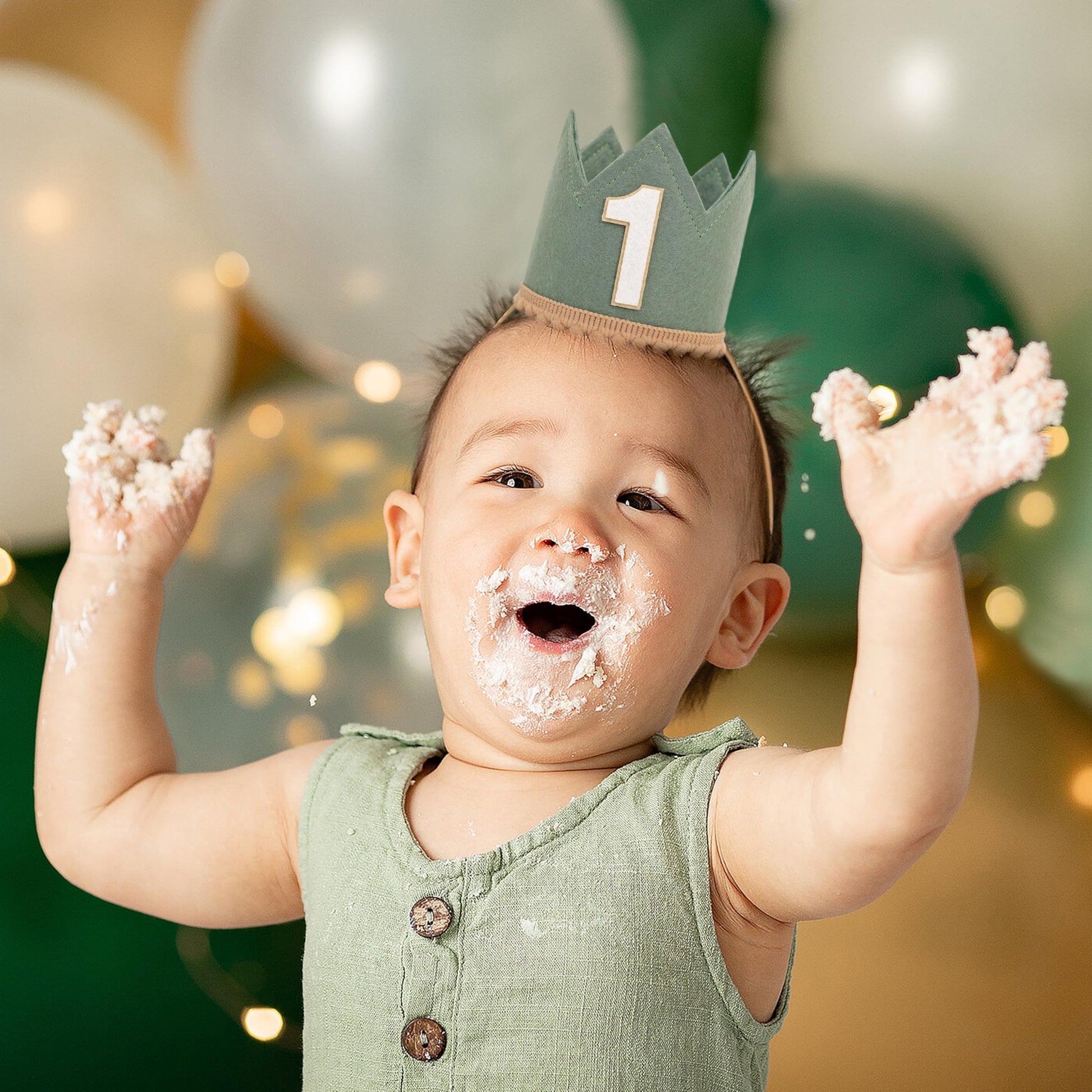 Agvgaza Wild One Birthday Crown - Safari Jungle 1st Birthday Hat for Boys and Girls, Deep Green Woodland First Cake Smash Photo Props