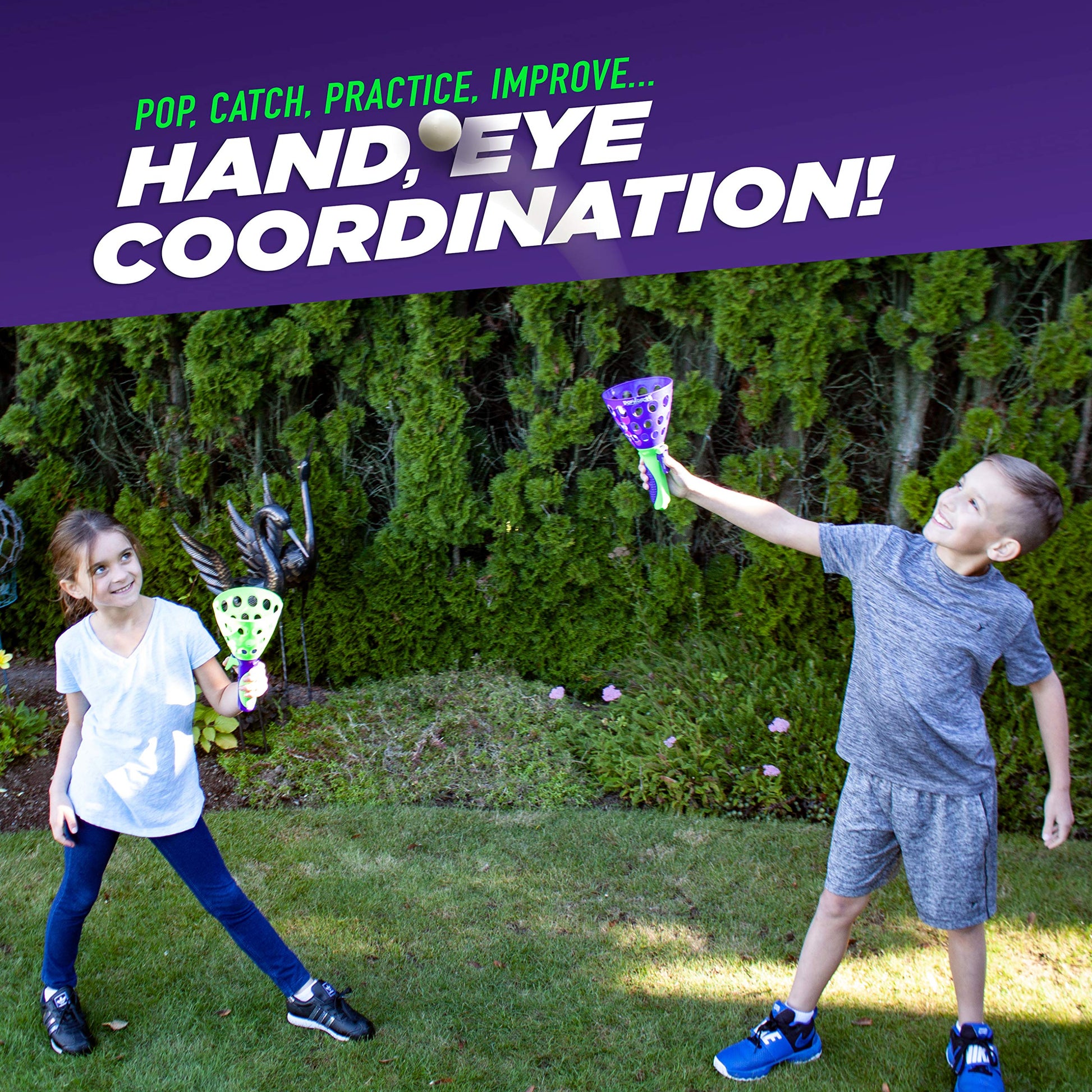 Geospace Original POP 'N Catch Family Skill Game with 2 Launchers - Launch & Catch The Ball for Hours of Fun! Perfect for Backyard, Beach or Tailgate